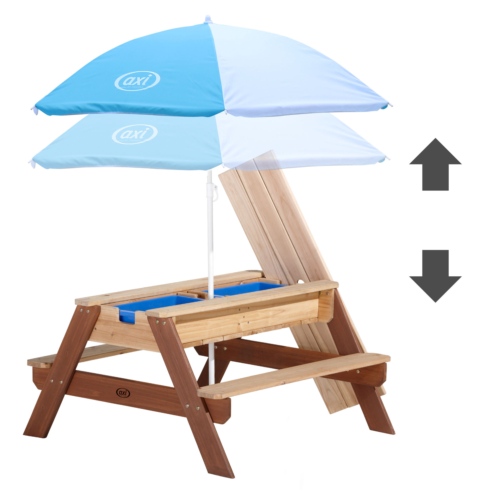 productfoto AXI Nick Zand & Water Picknicktafel Bruin - Parasol Blauw/wit - FSC Hout