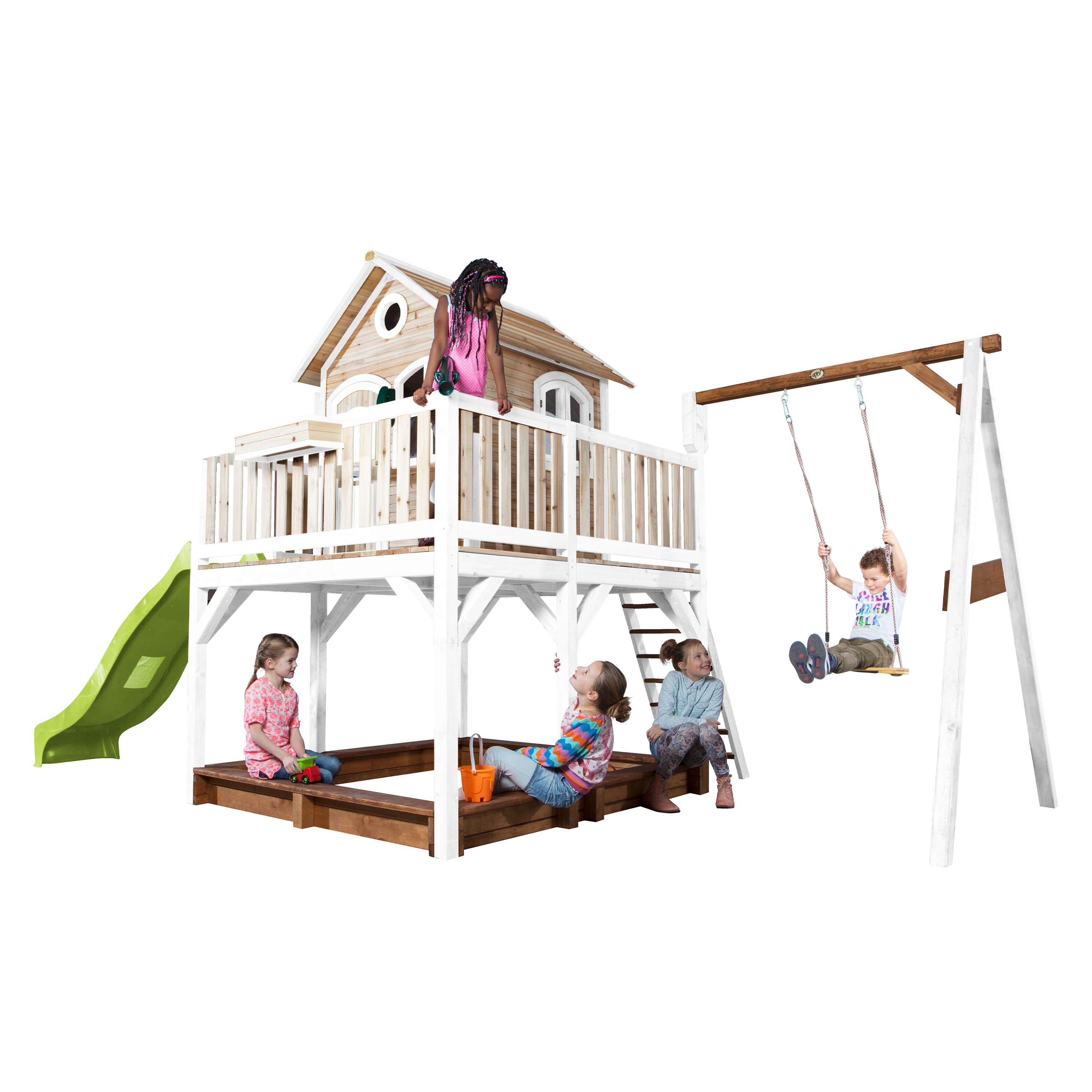AXI Liam Playhouse with Single Swing Set Brown/White - Lime Green Slide