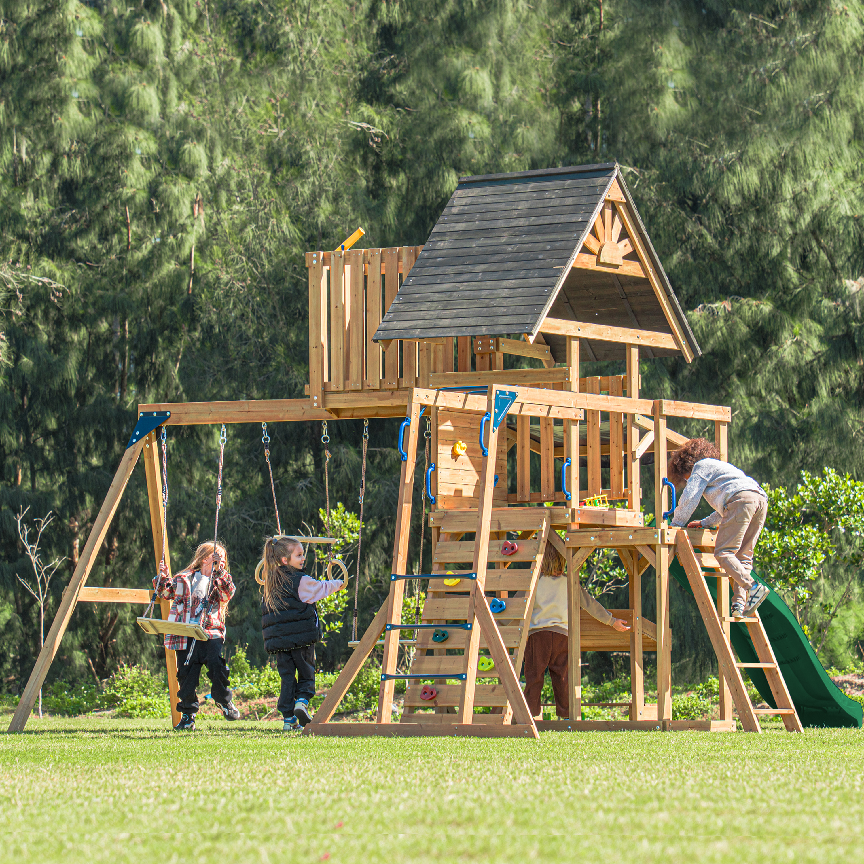 AXI Mitch Climbing Frame with Double Swing, Trapeze and Lookout Tower – Green Slide