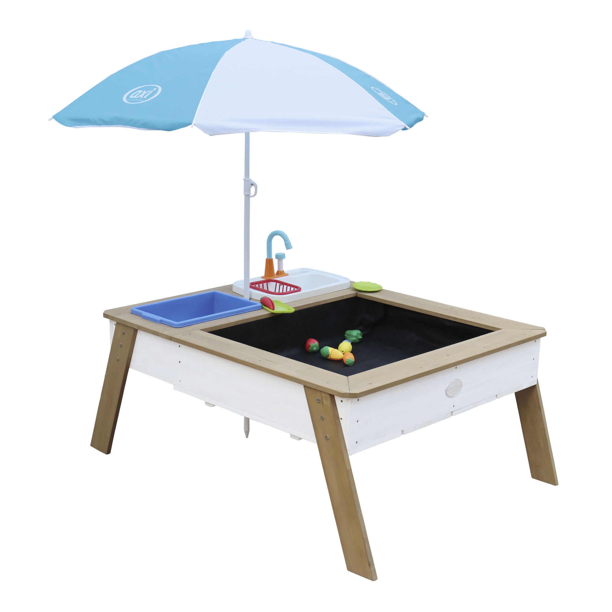 productfoto AXI Linda Zand & Water Tafel met Speelkeuken wastafel Bruin/wit - Parasol Blauw/wit