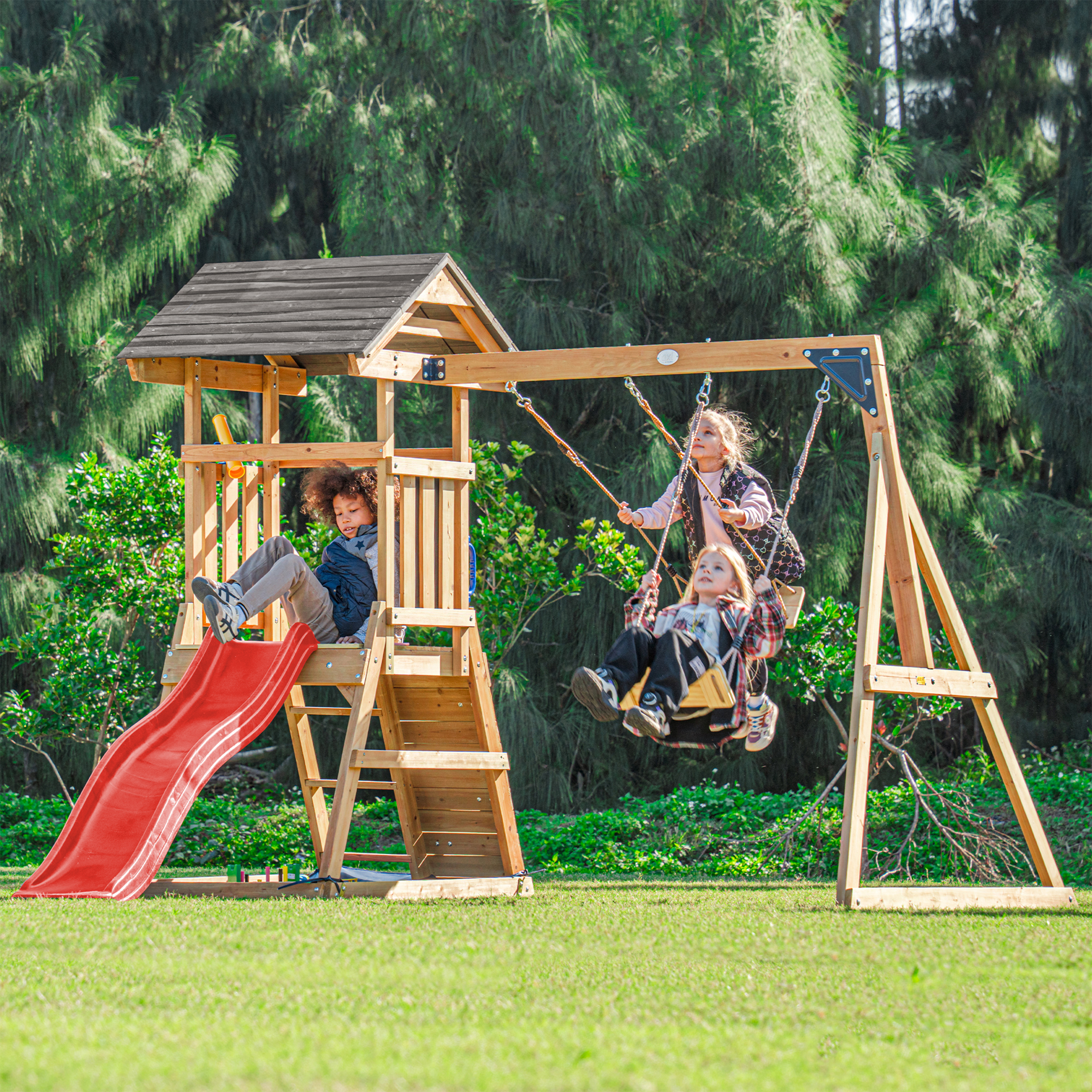 AXI Mia Climbing Frame with Double Swing Set – Red Slide