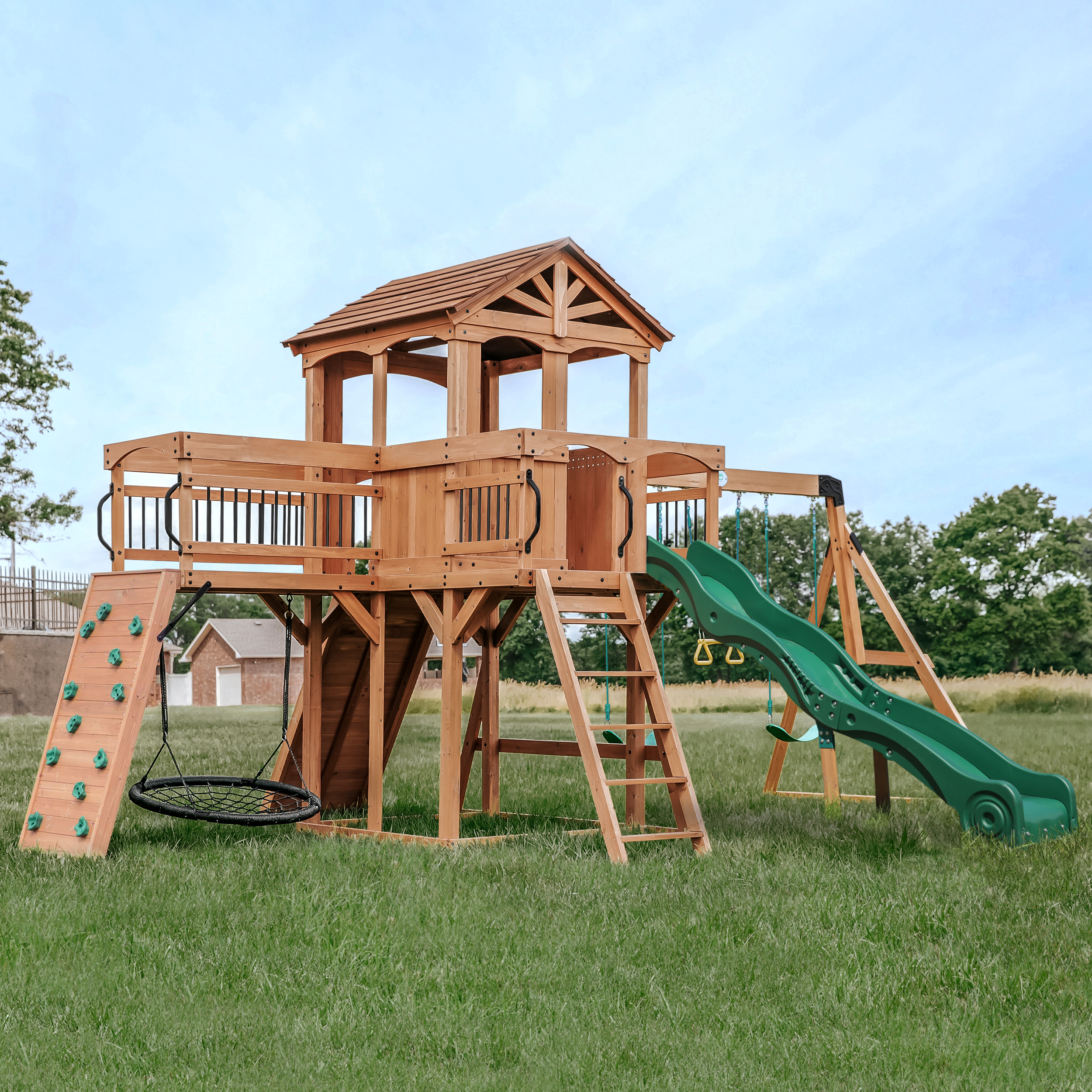 Backyard Discovery Sterling Point Play Set with 3 Swings and Slide - Climbing Wall & Rock Wall - Trapeze - Sandbox - Walkway-0752113300378 Backyard Discovery Sterling Point Play Set with 3 Swings and Slide - Climbing Wall & Rock Wall - Trapeze - Sandbox - Walkway
