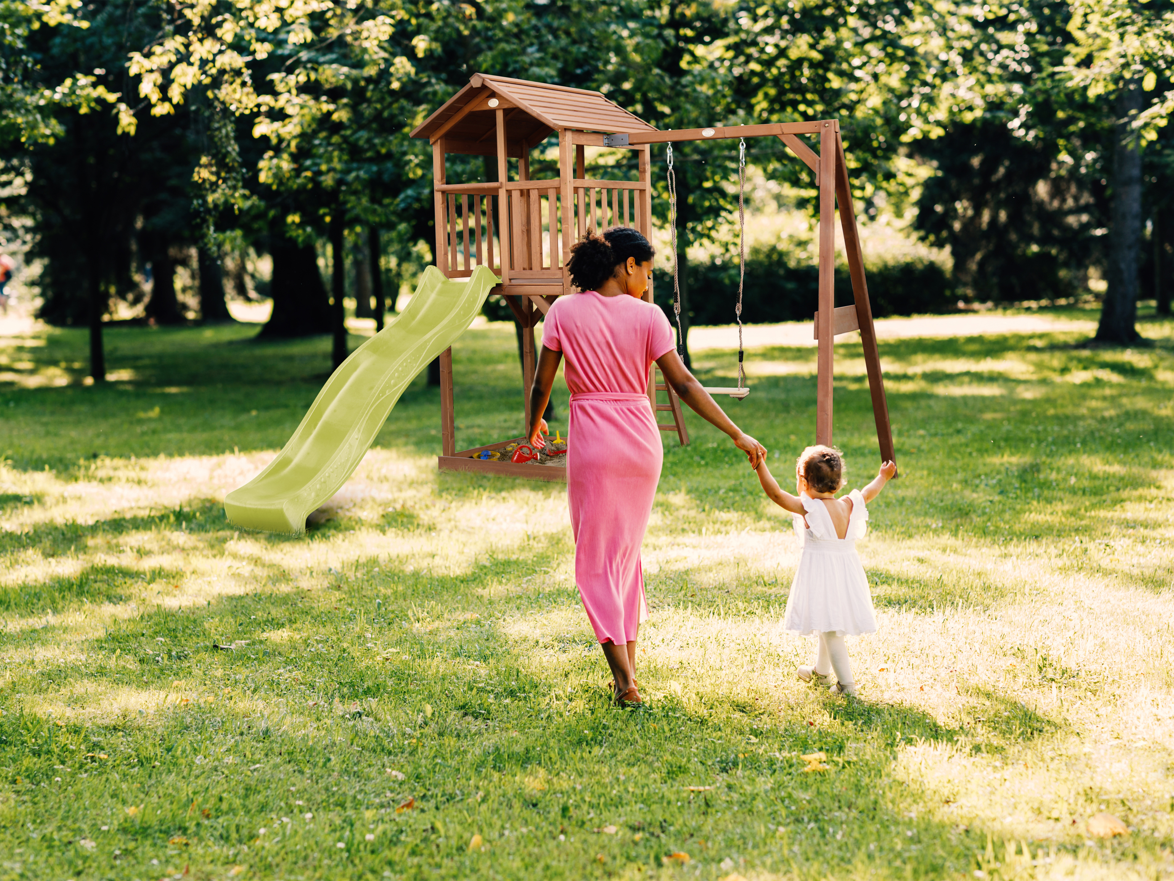 AXI Beach Tower with Single Swing Set Brown - Lime Green Slide