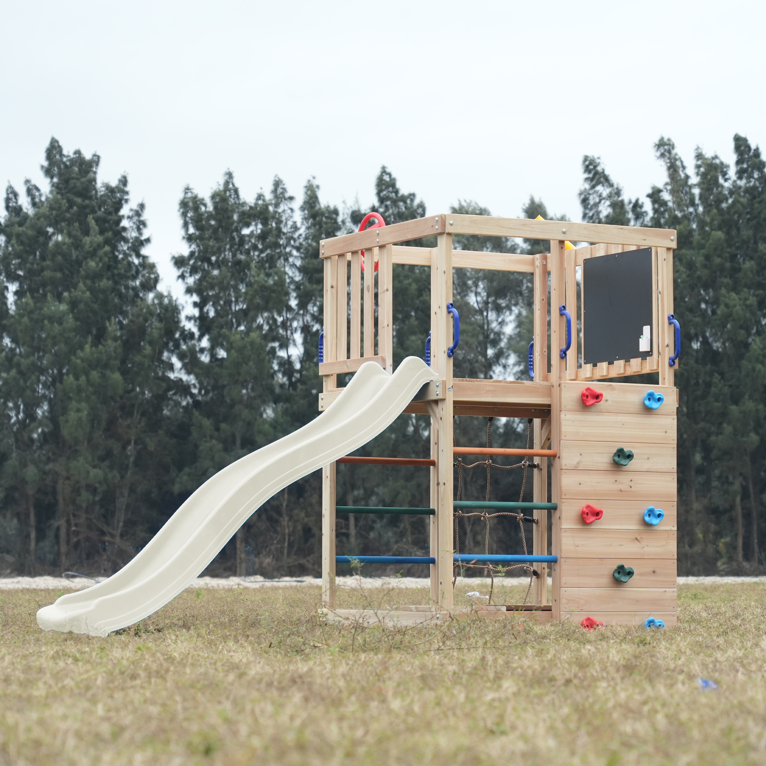 AXI Sam Climbing Frame with Climbing Wall. Climbing Net and Monkey Bars – Cream Slide