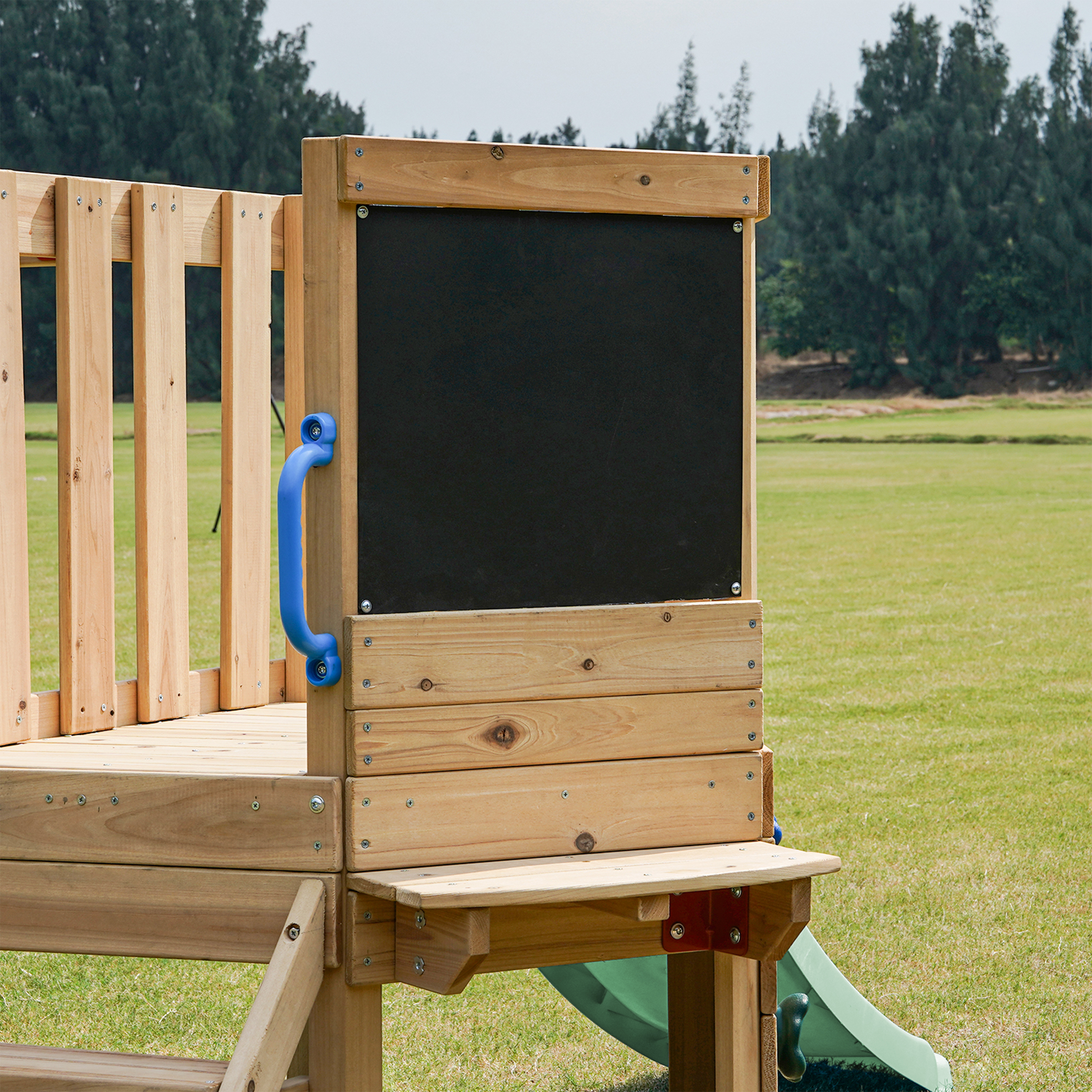 AXI Timo Mini Climbing Frame with Baby Swing. Climbing Wall and Chalkboard – Pastel Green Slide