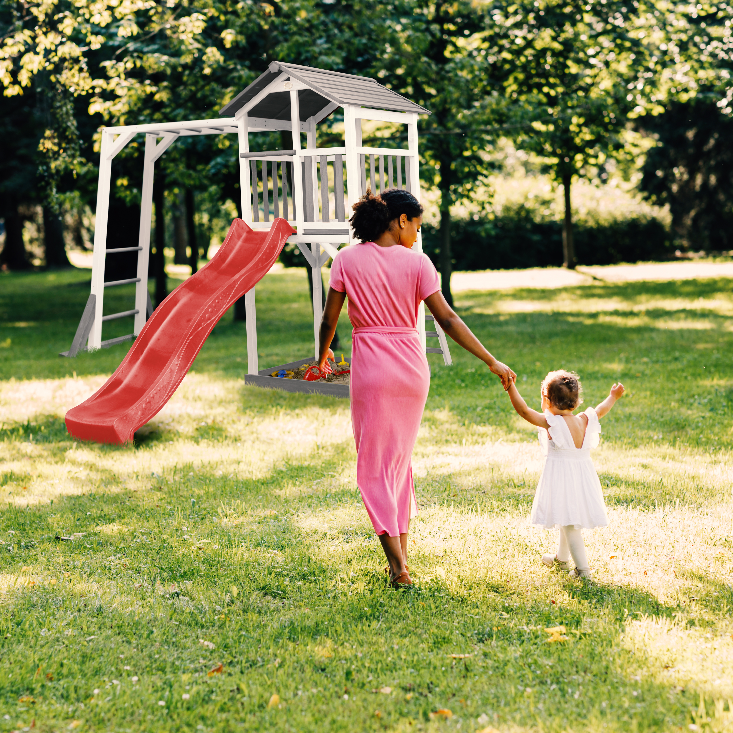 AXI Beach Tower with Climbing Frame Grey/White - Red Slide