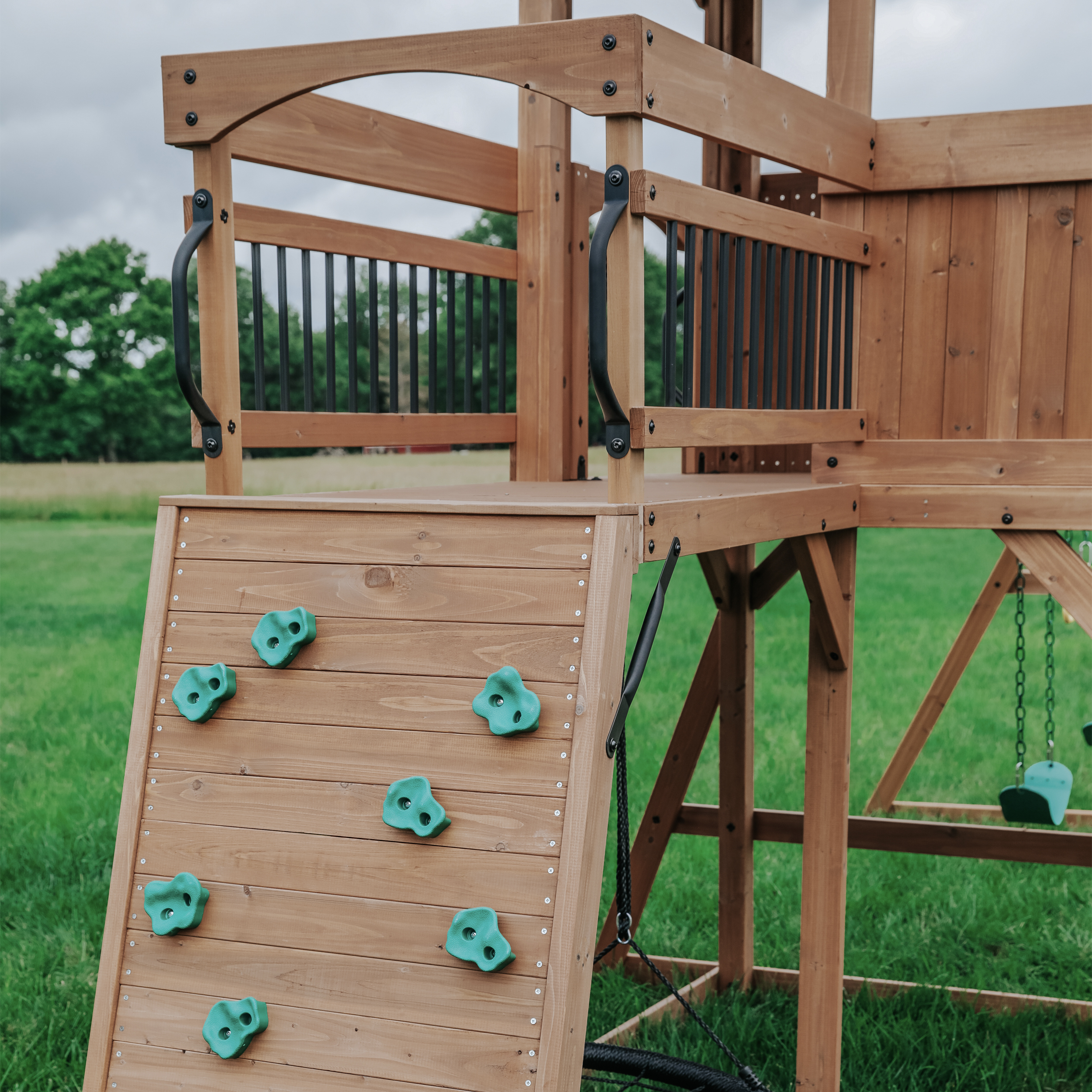 Backyard Discovery Sterling Point Play Set with 3 Swings and Slide - Climbing Wall & Rock Wall - Trapeze - Sandbox - Walkway-0752113300378 Backyard Discovery Sterling Point Play Set with 3 Swings and Slide - Climbing Wall & Rock Wall - Trapeze - Sandbox - Walkway