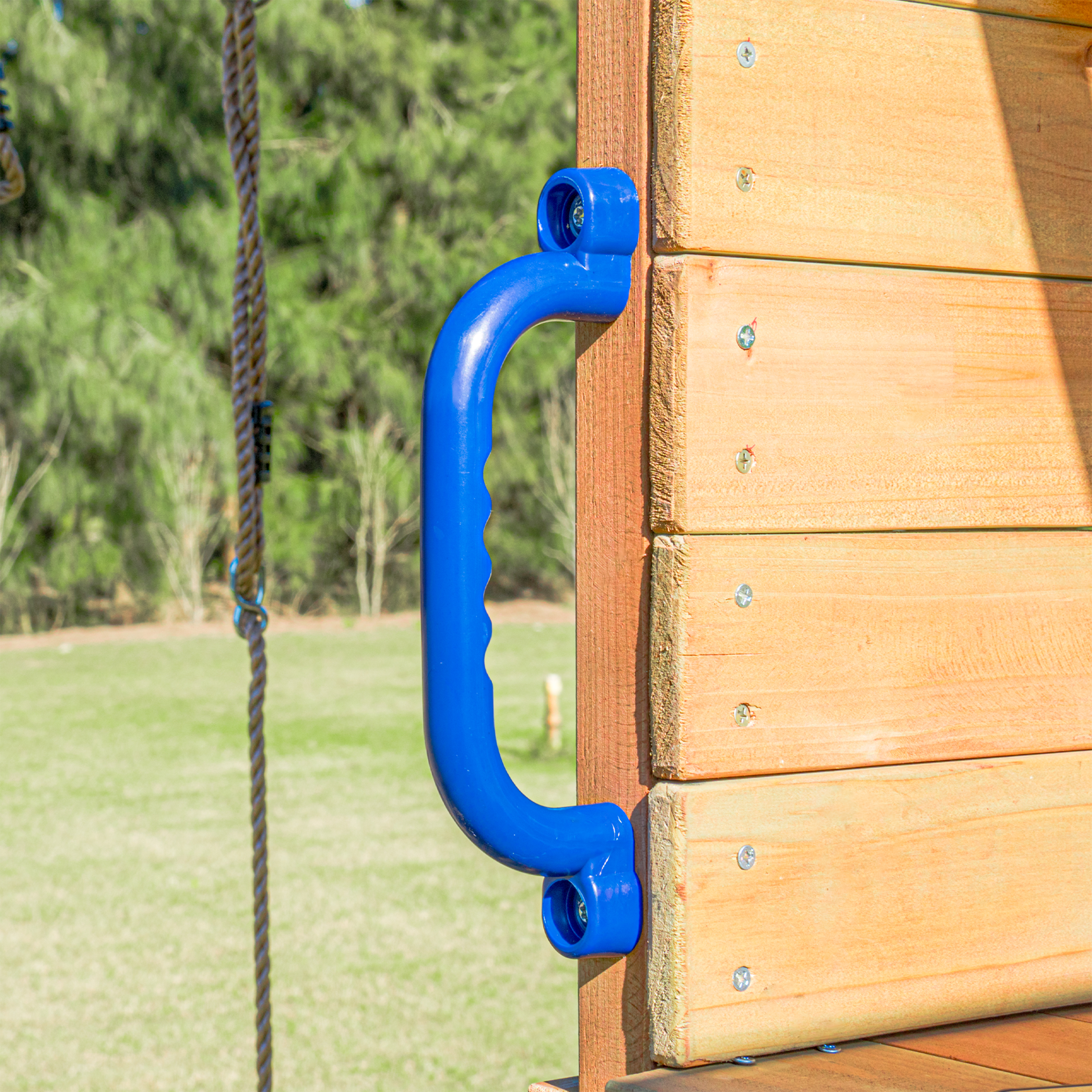 AXI Mitch Climbing Frame with Double Swing, Trapeze and Lookout Tower – Blue Slide
