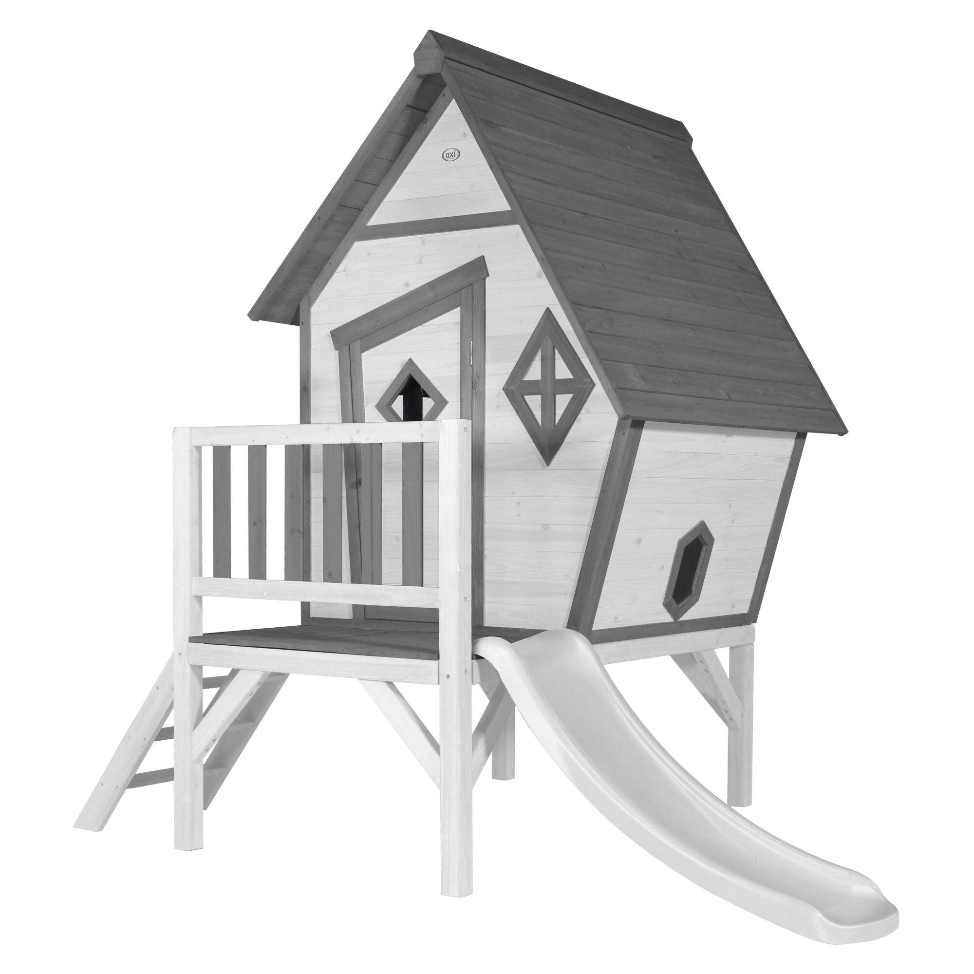 productfoto AXI Cabin XL houten speelhuis grijs/wit met witte glijbaan