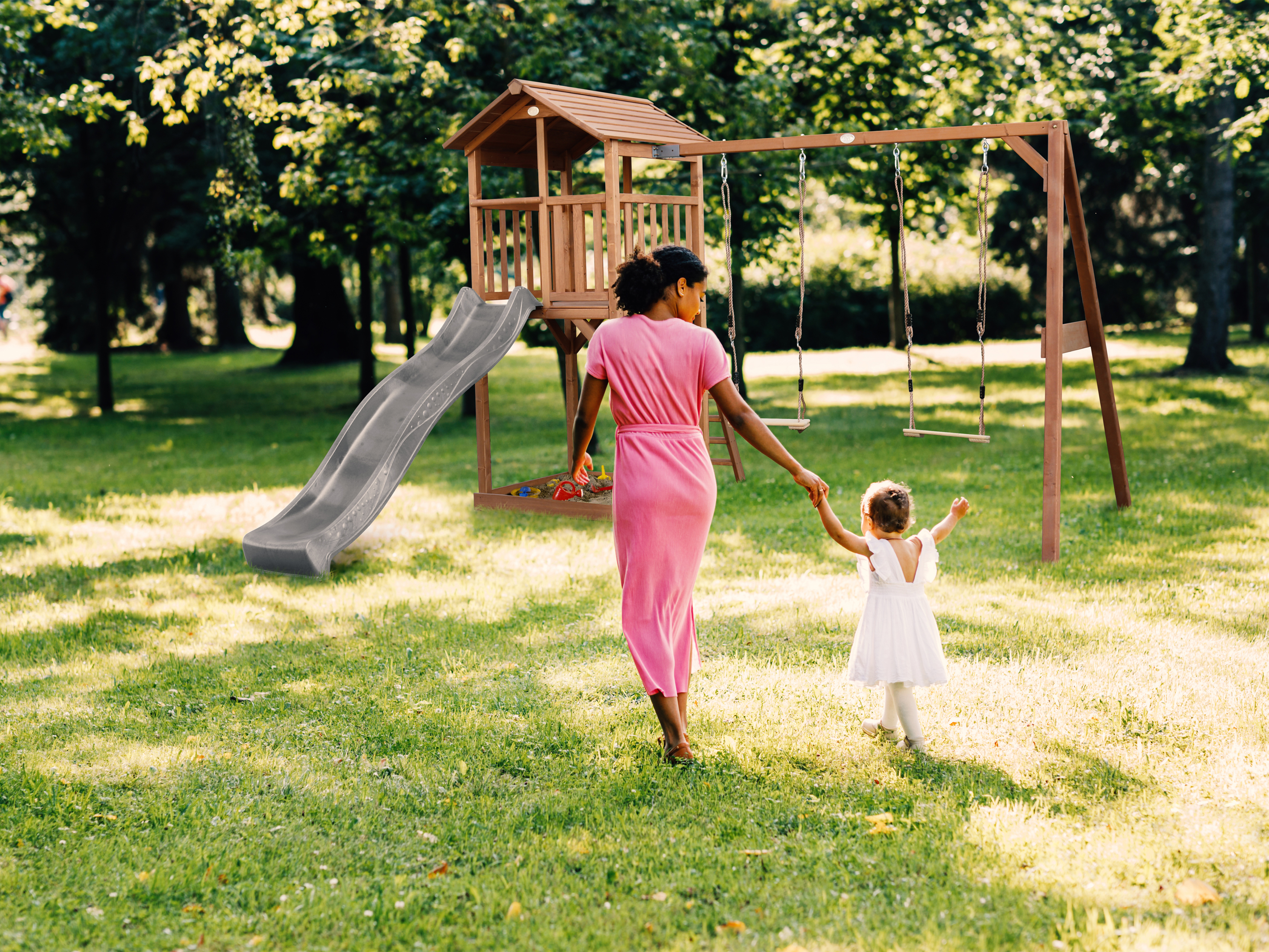 AXI Beach Tower with Double Swing Set Brown - Grey Slide-8717973939153 AXI Beach Tower with Double Swing Set Brown - Grey Slide