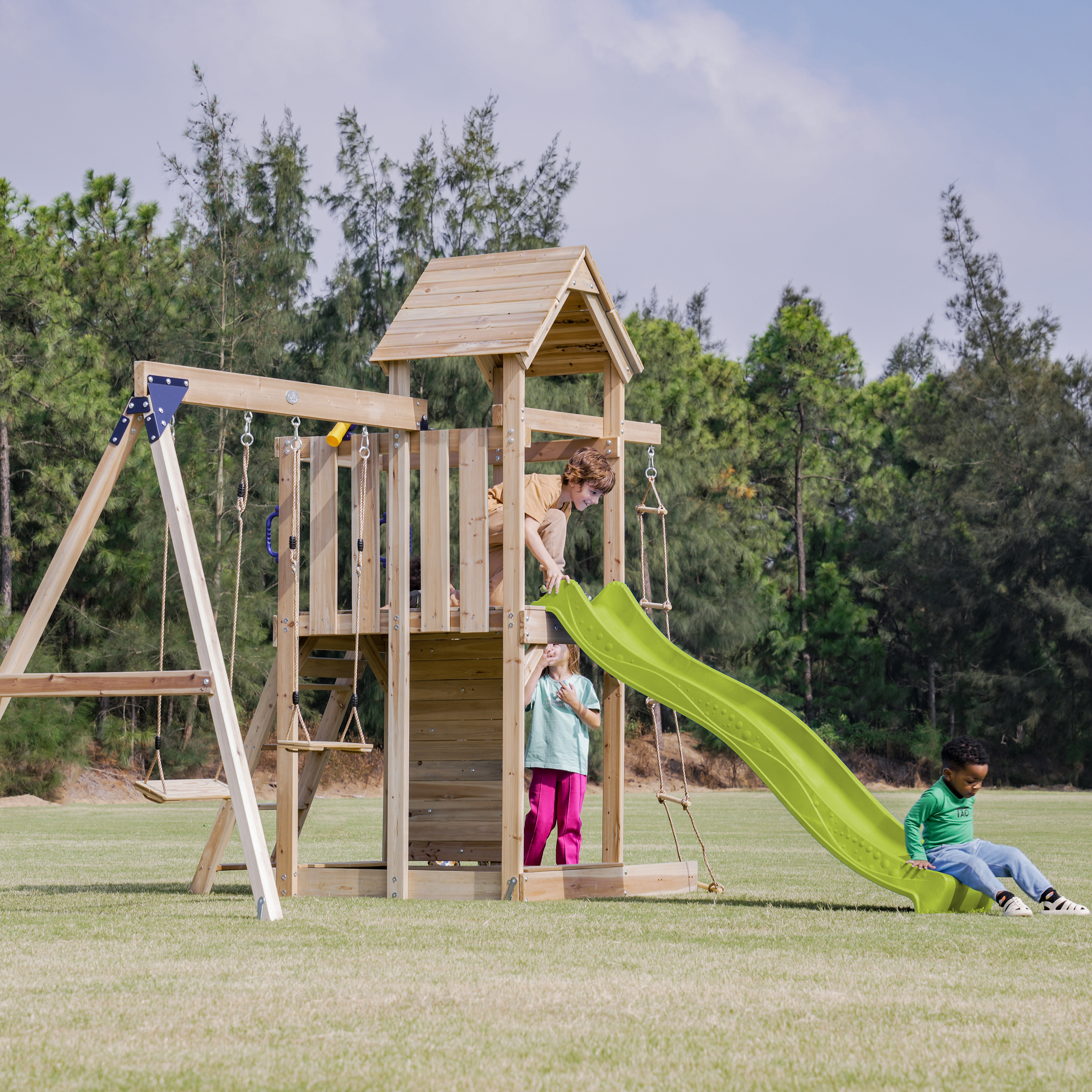 AXI Moos Climbing Frame with Double Swing Set - Lime Green Slide