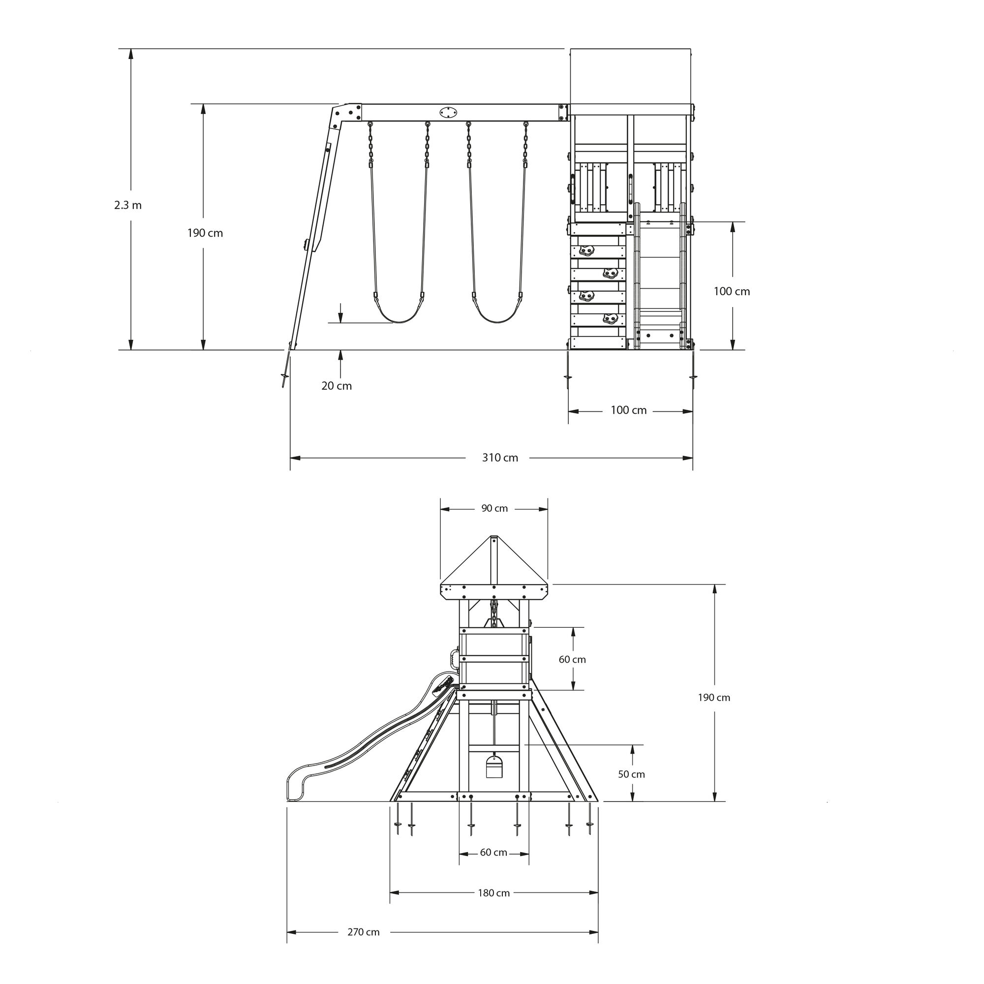 maattekening Backyard Discovery Buckley Hill Speeltoren met Schommels en Glijbaan