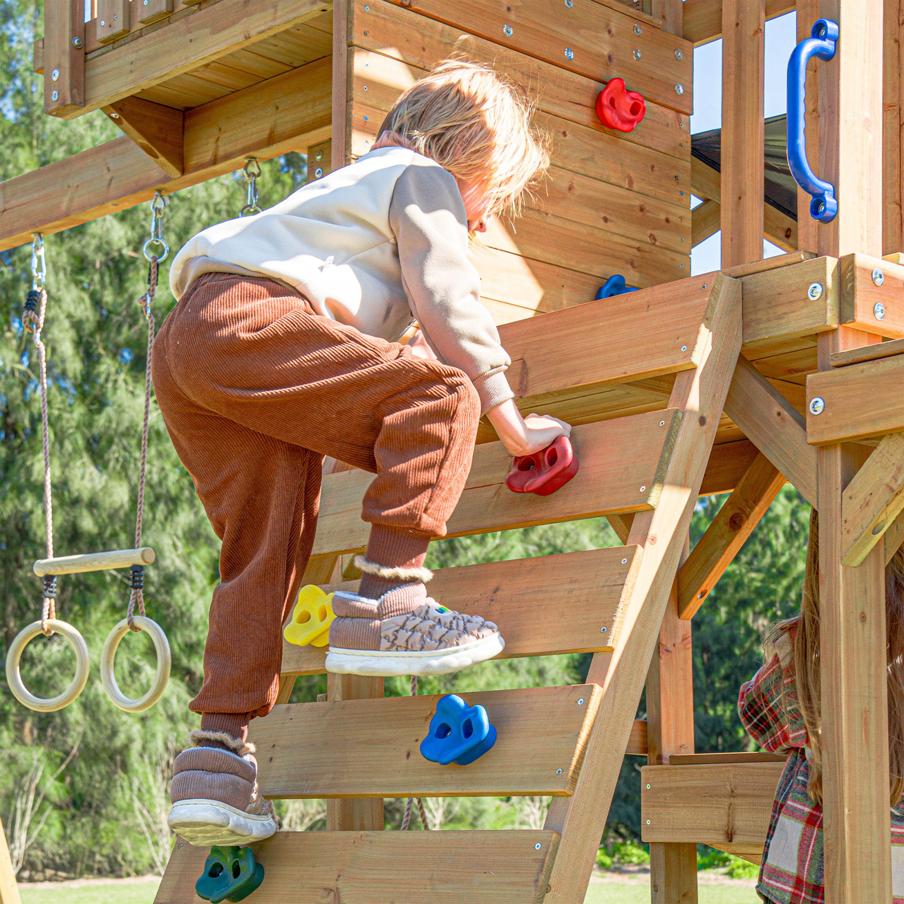AXI Mitch Climbing Frame with Double Swing, Trapeze and Lookout Tower – Blue Slide