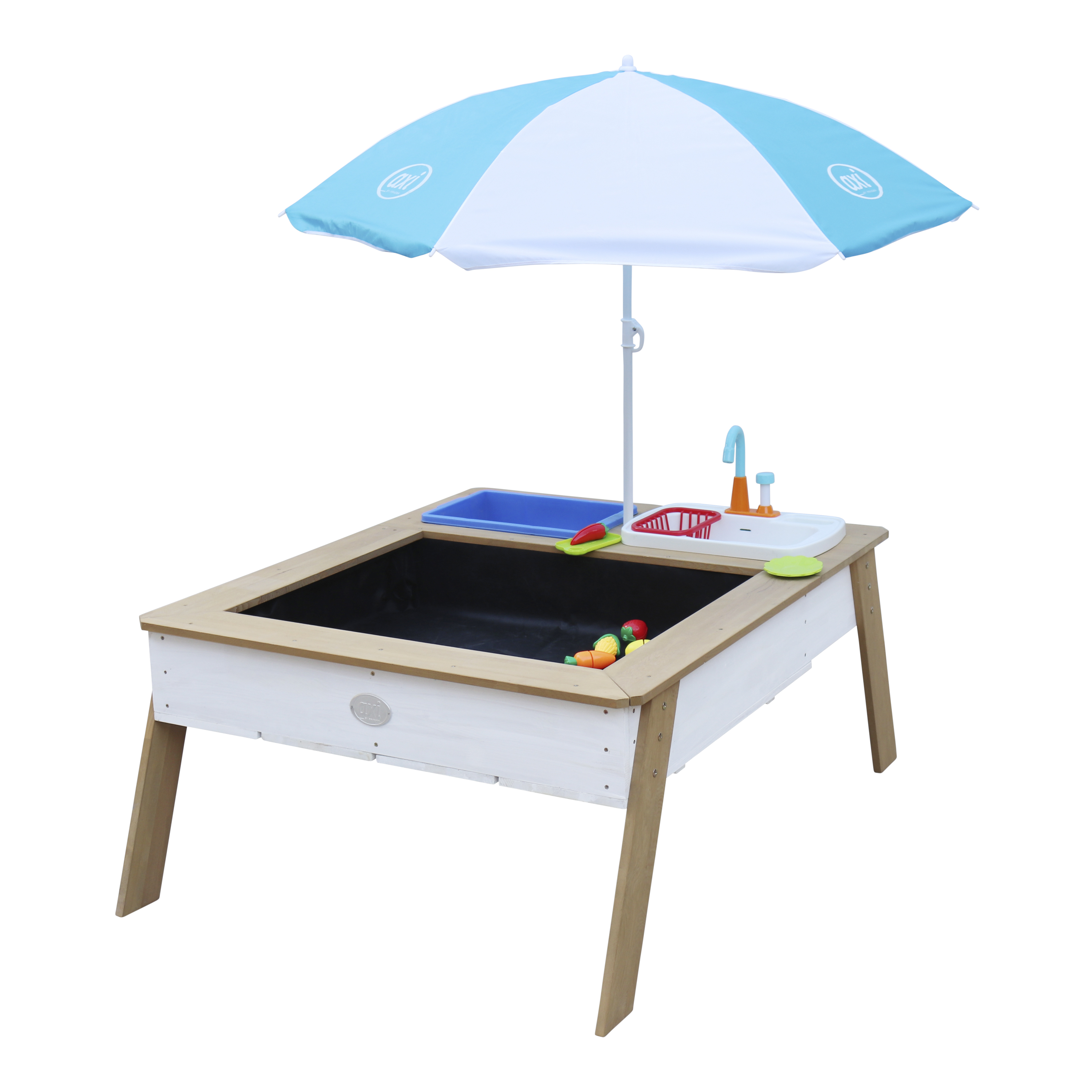 AXI Linda Sand & Water Table with Play Kitchen Sink Brown/White - Umbrella Blue/White