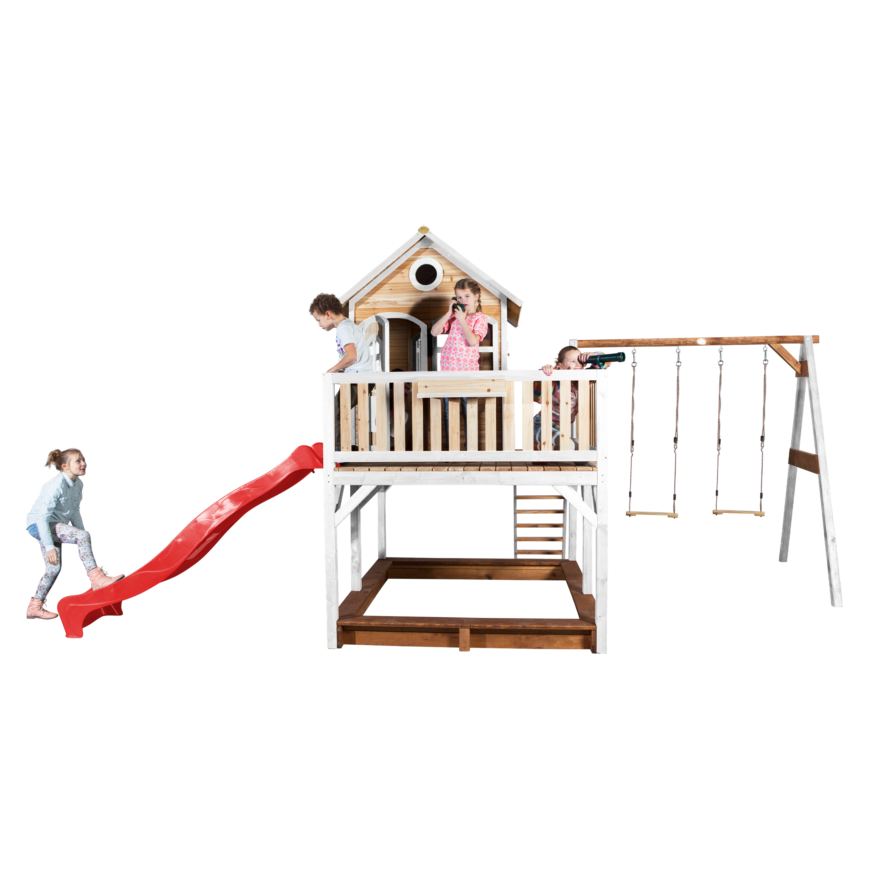 AXI Liam Playhouse with Double Swing Set Brown/White - Red Slide