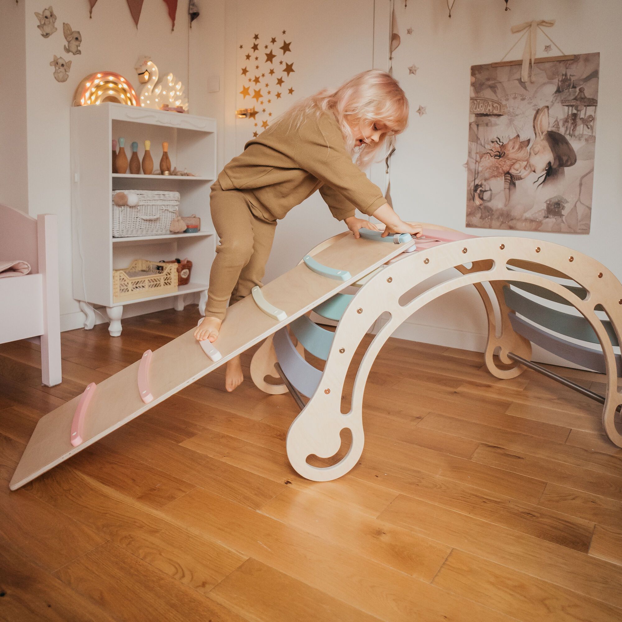 KateHaa Rocker Montessori avec Planche d’escalade XXL Bois Pastel