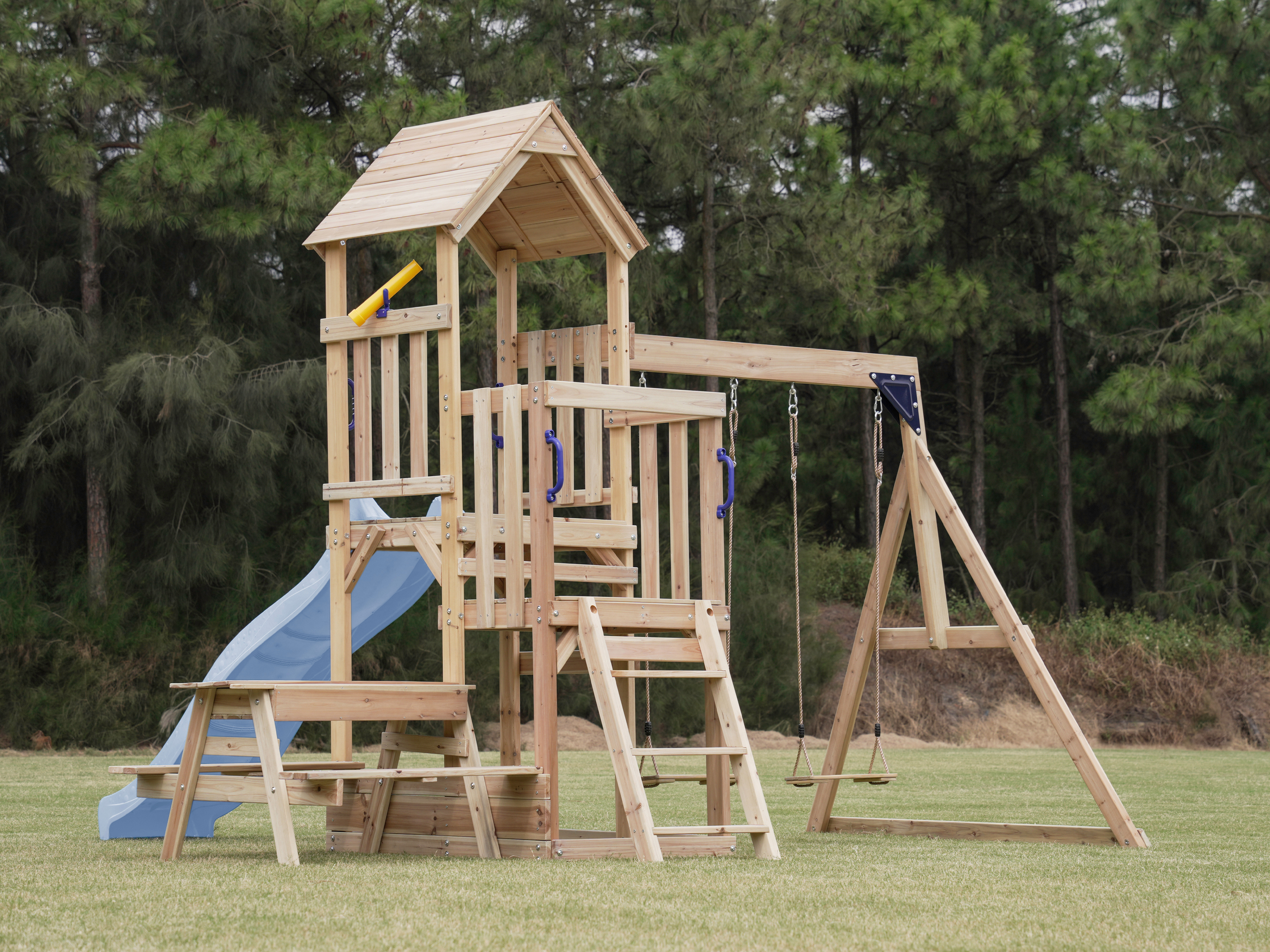 AXI Mette Climbing Frame with Double Swing Set and Picnic Table - Pastel Blue Slide