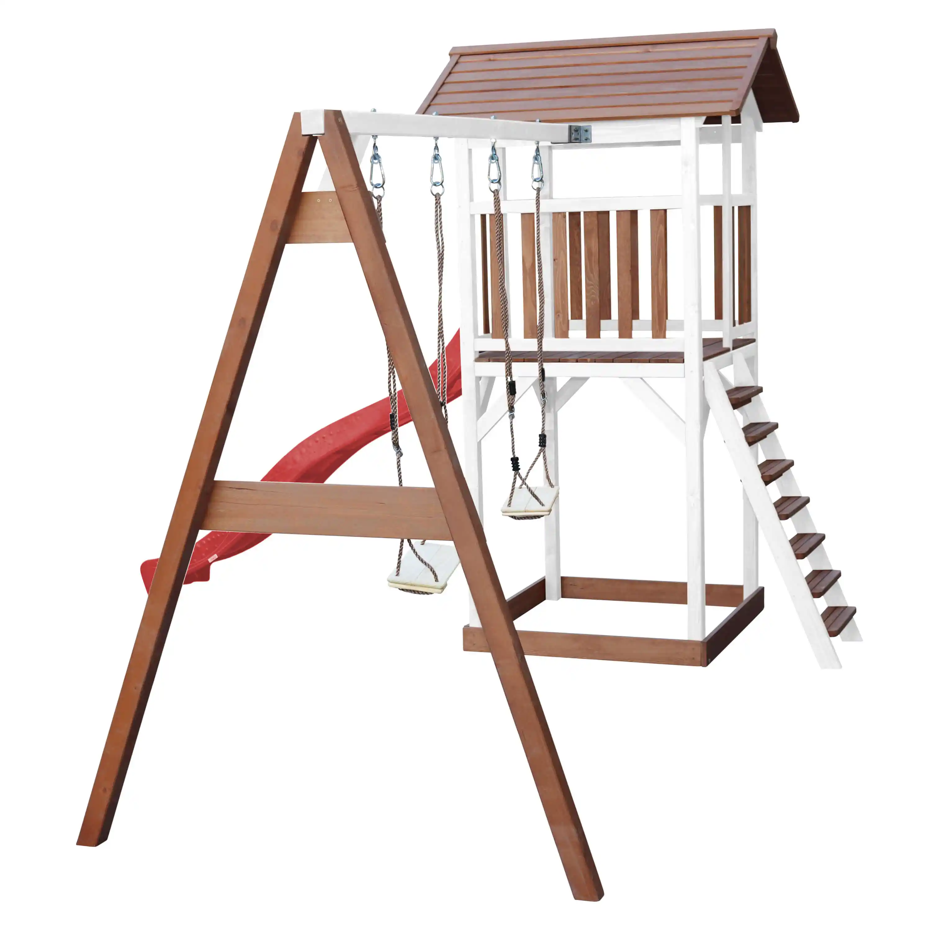 AXI Beach Tower Speeltoren met Dubbele Schommel Bruin/wit - Rode Glijbaan