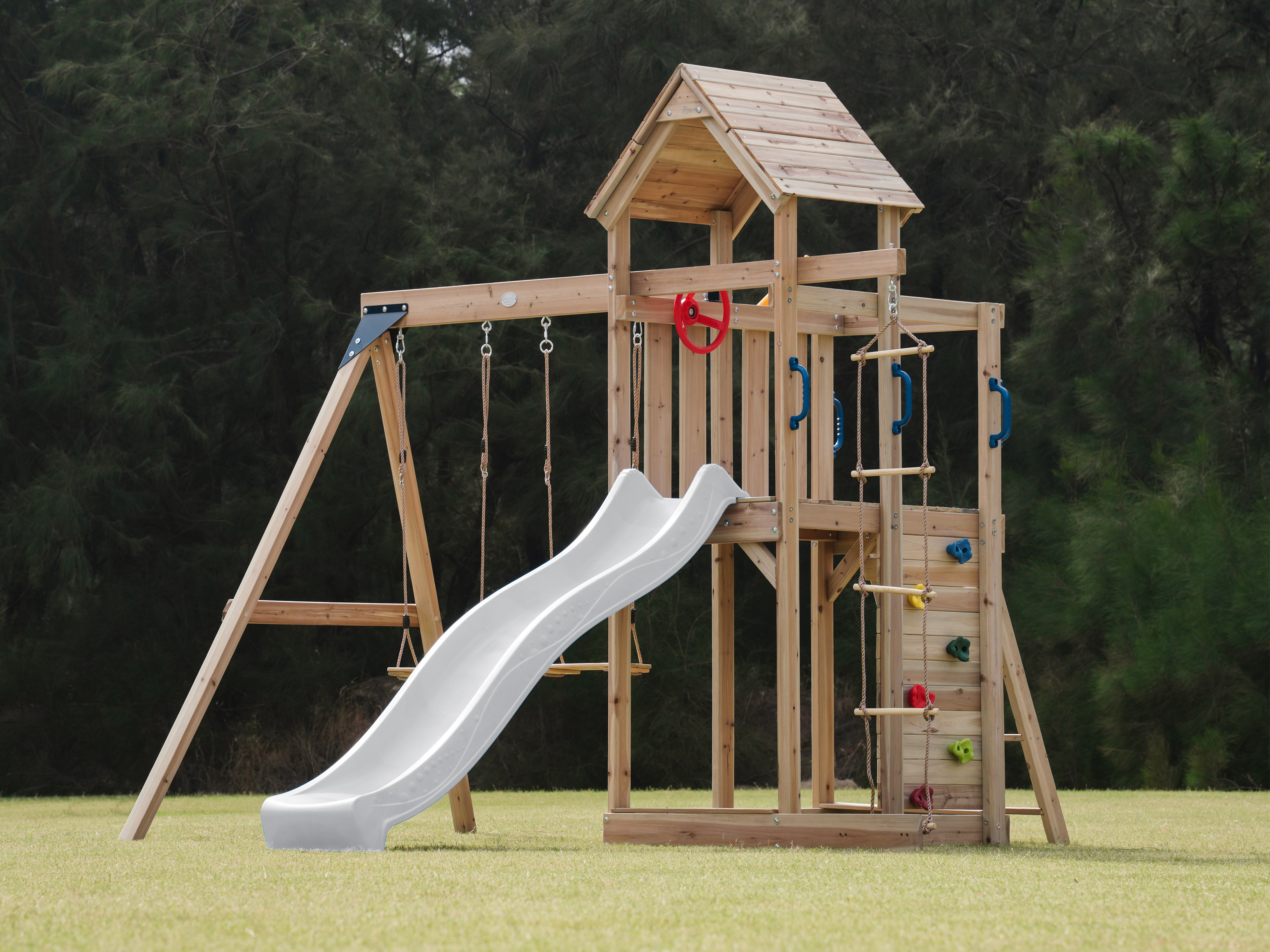 AXI Aire de jeux Moos avec balançoire double et échelle de corde marron - toboggan blanc