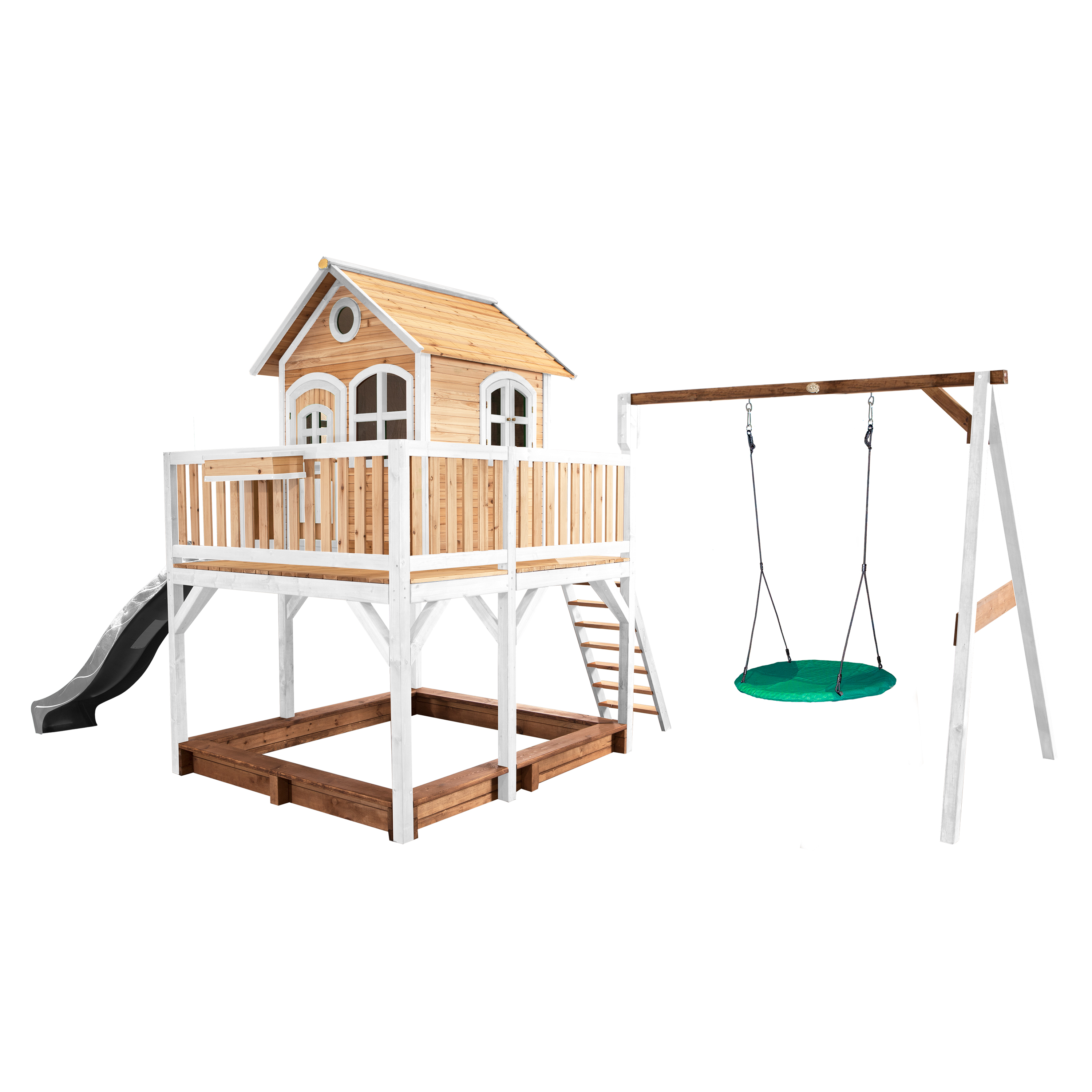 AXI Liam Playhouse with Summer Nest Swing Set Brown/White - Grey Slide-8717973937524 AXI Liam Playhouse with Summer Nest Swing Set Brown/White - Grey Slide