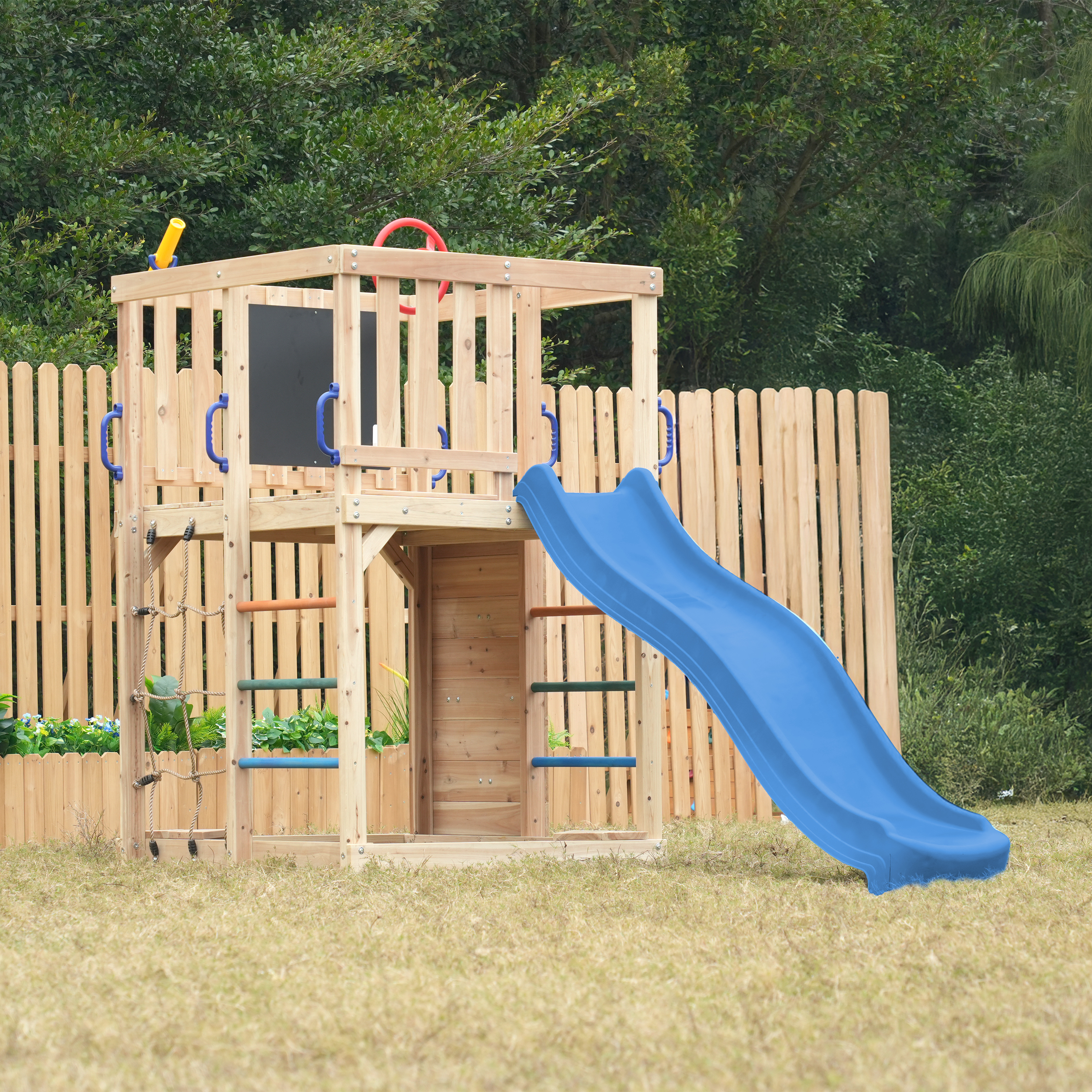 AXI Sam Climbing Frame with Climbing Wall. Climbing Net and Monkey Bars – Blue Slide