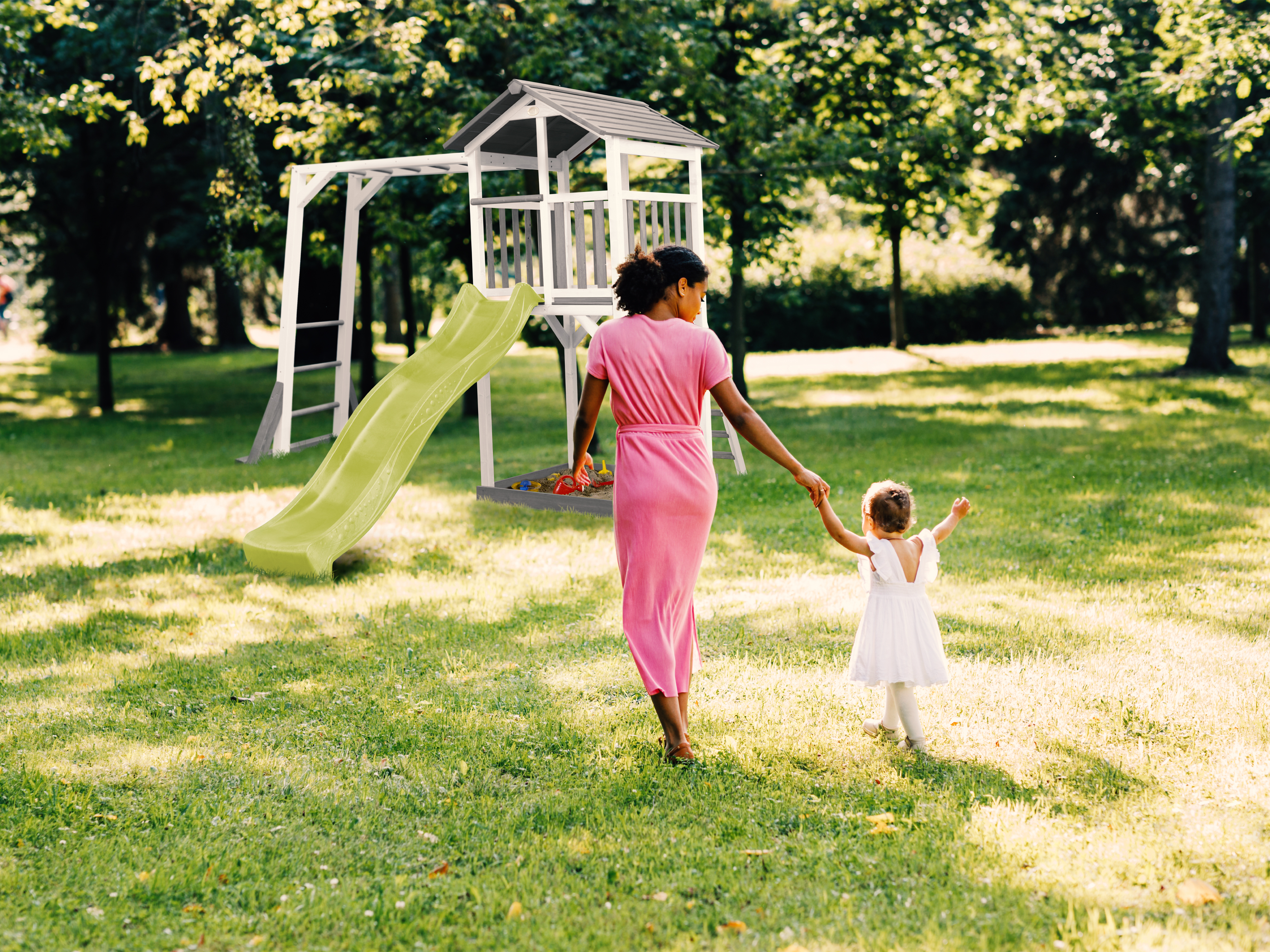 AXI Beach Tower with Climbing Frame Grey/White - Lime Green Slide