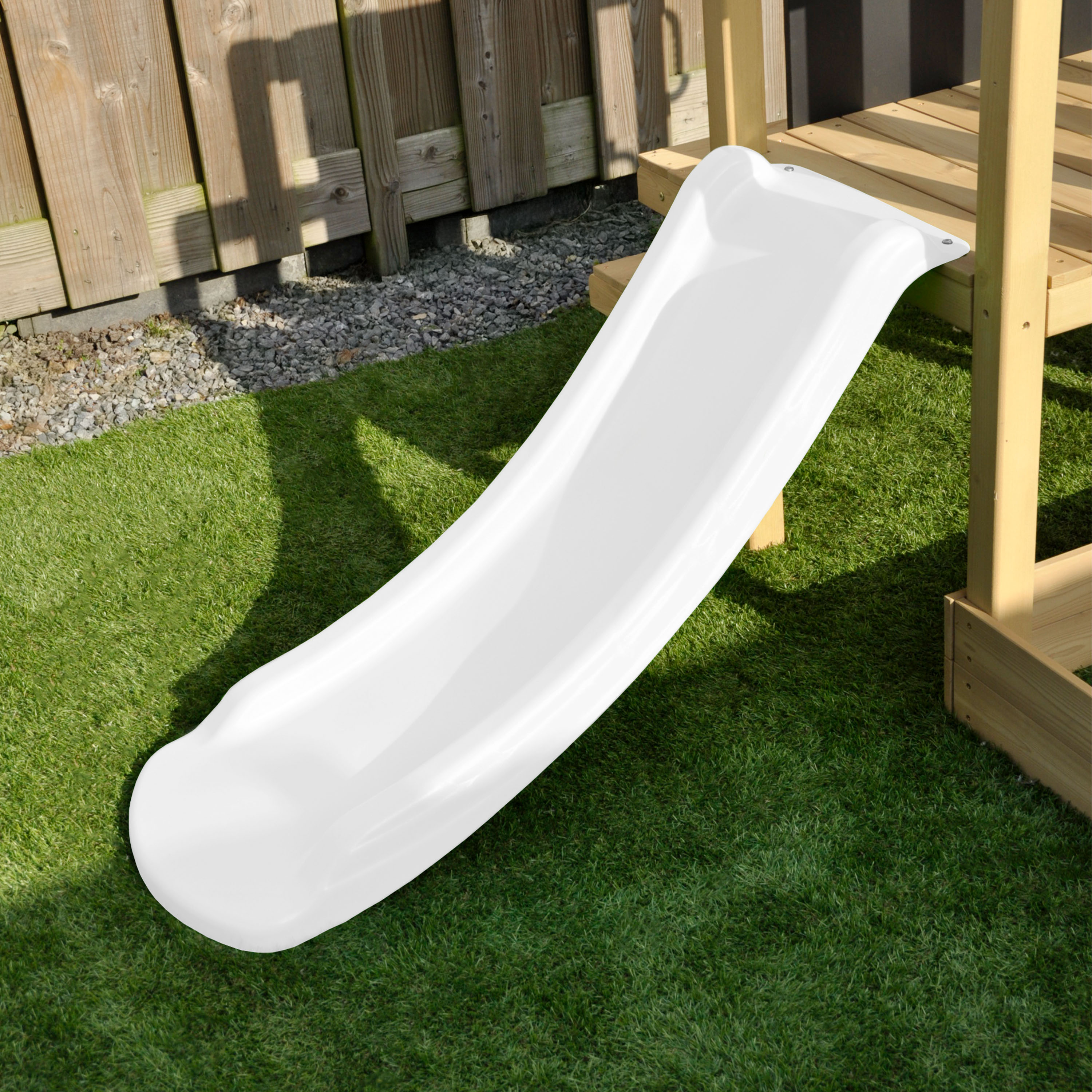 AXI Leah Mini Wooden Playtower with Sandbox. Picnic Table & Chalkboard – White Slide