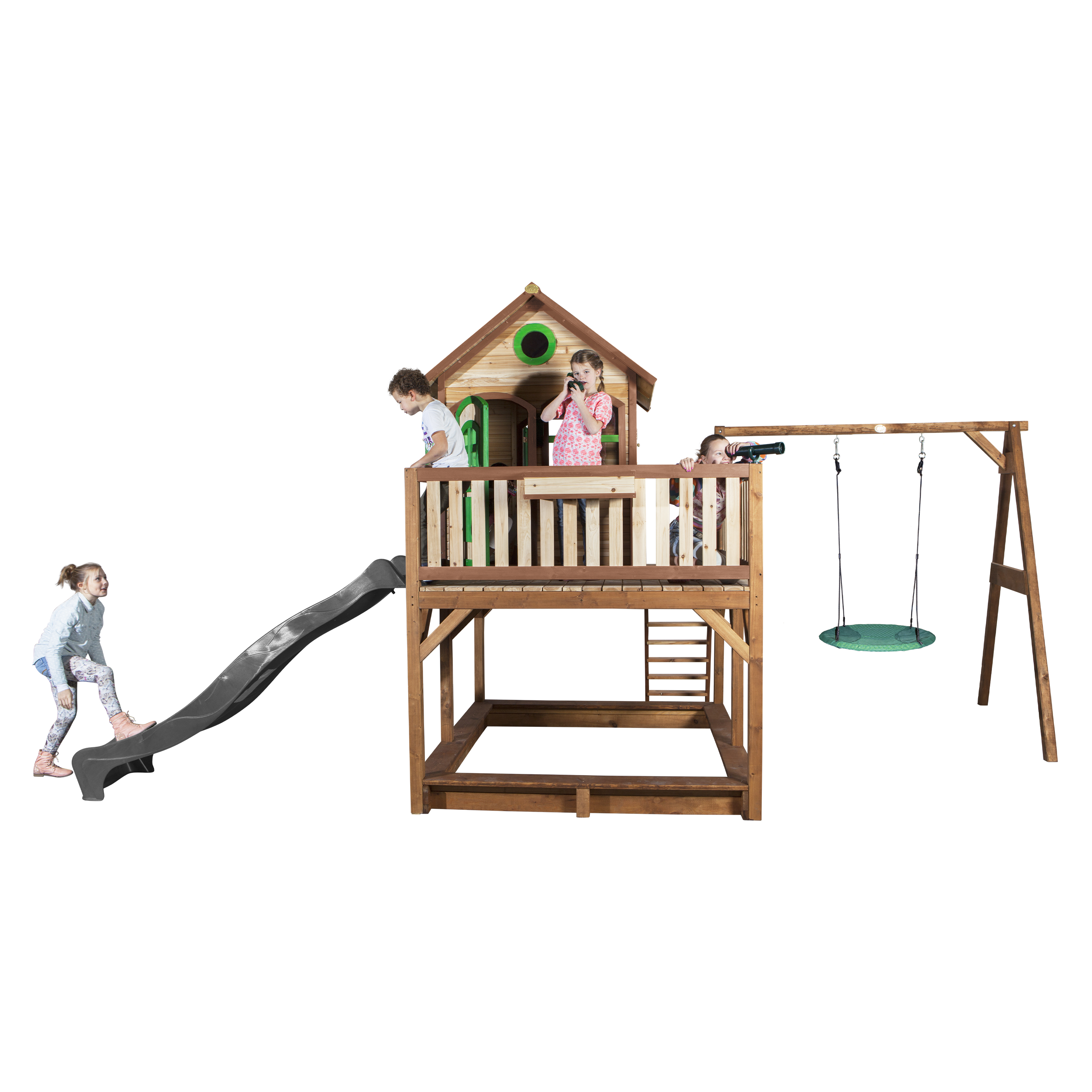 AXI Liam Playhouse with Summer Nest Swing Set Brown/Green - Grey Slide-8717973937685 AXI Liam Playhouse with Summer Nest Swing Set Brown/Green - Grey Slide