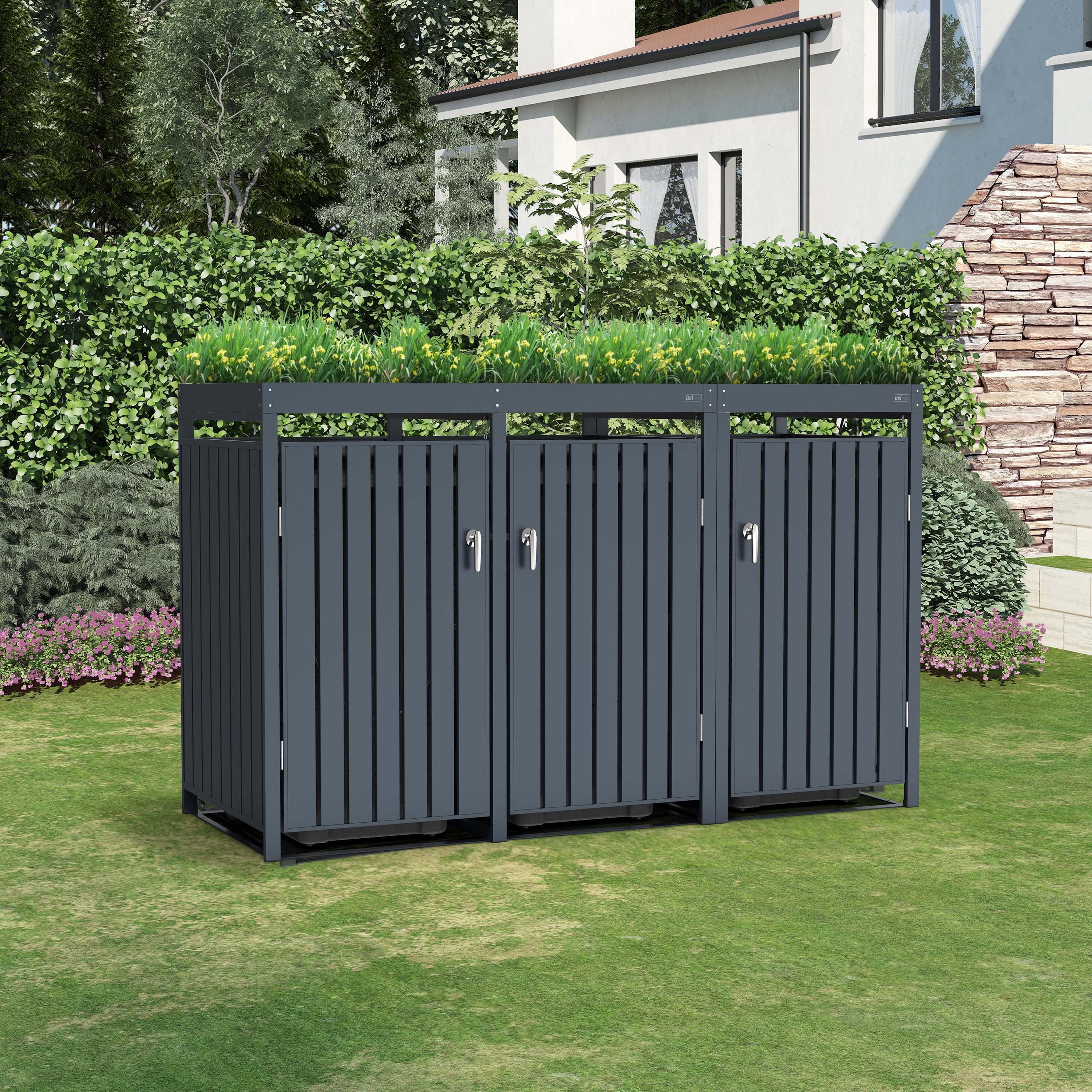AXI Leon Metal Garbage Bin Shed with Planter - 3 Garbage Bins