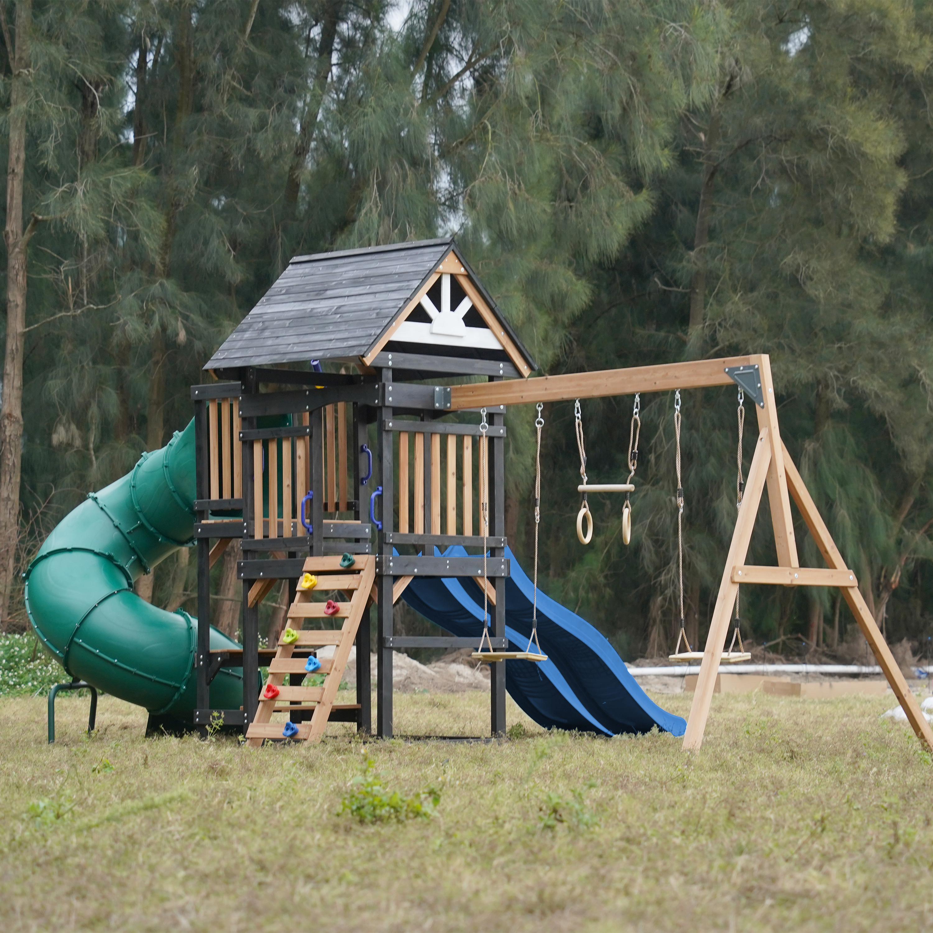 AXI Cody Climbing Frame with Swings. Trapeze and Climbing Wall – Blue Double Slide and Tube Slide