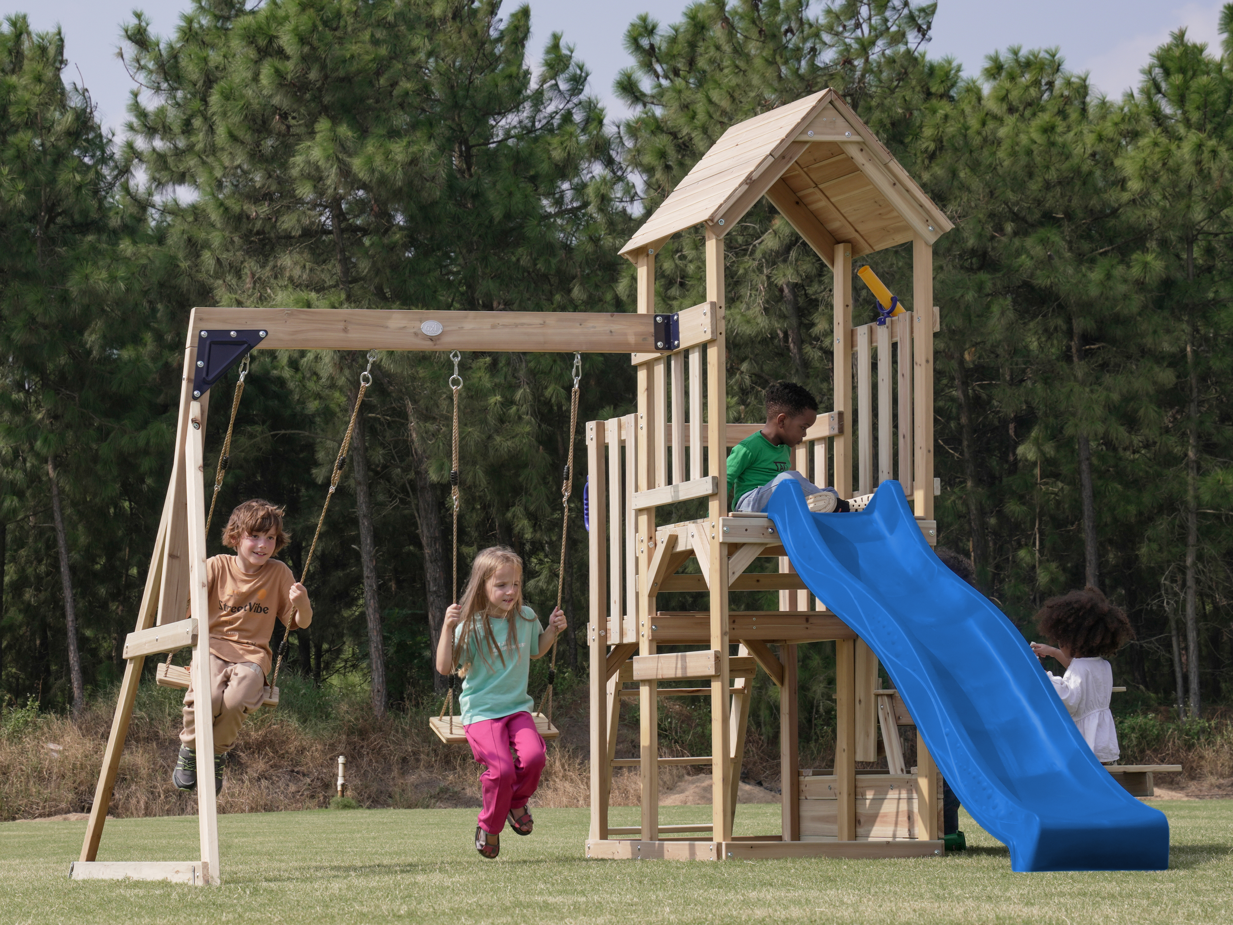 AXI Mette Climbing Frame with Double Swing Set and Picnic Table - Blue Slide