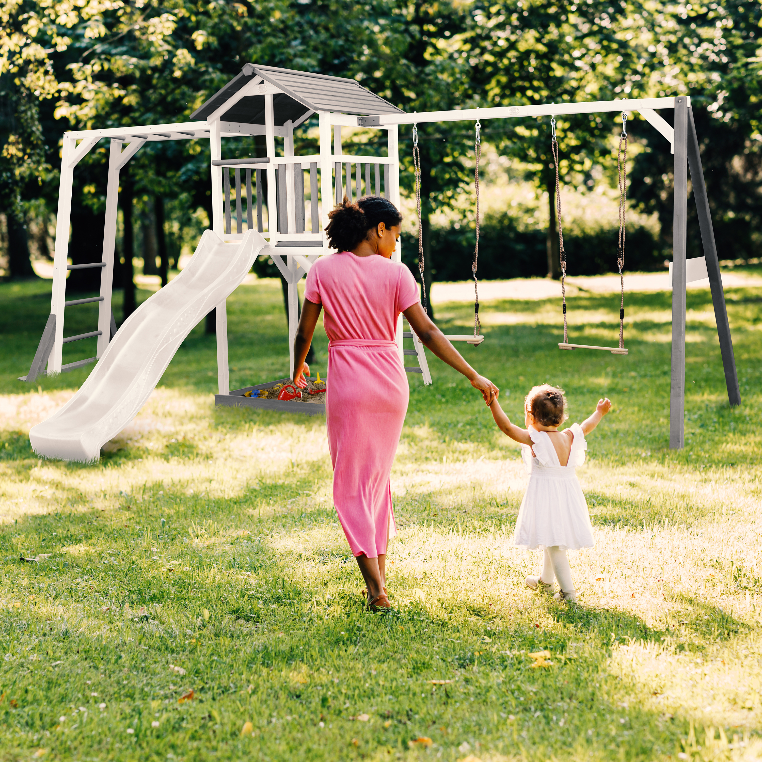 AXI Beach Tower with Climbing Frame and Double Swing Set Grey/White - White Slide