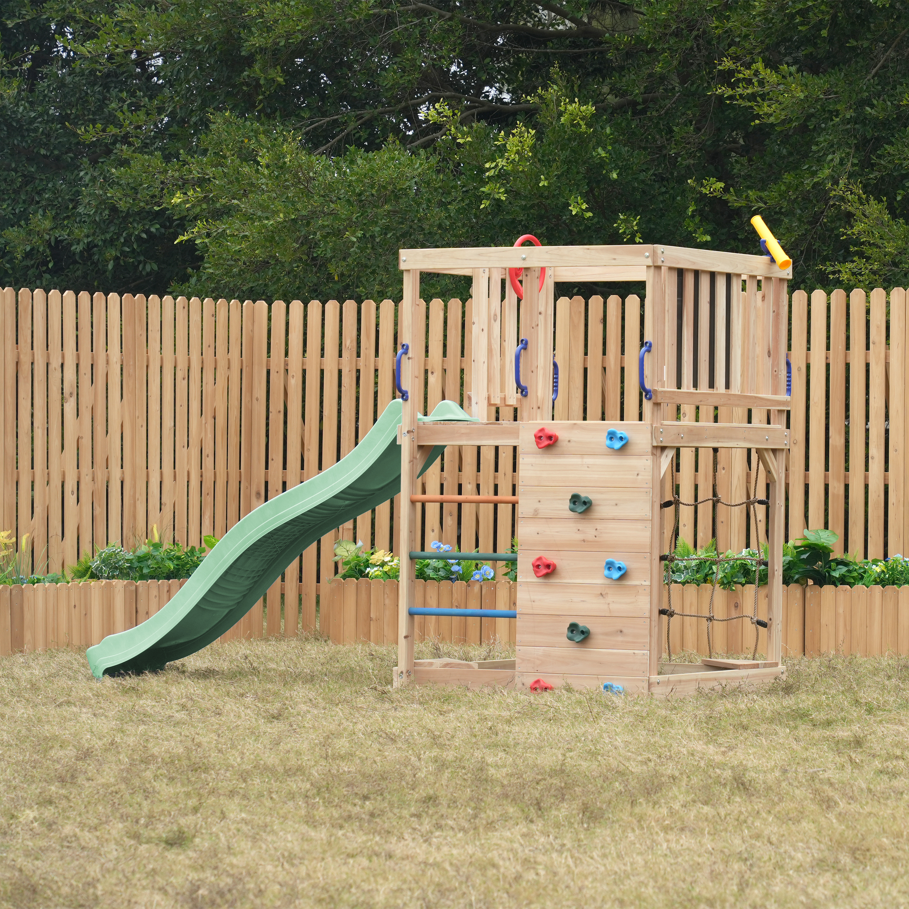AXI Sam Climbing Frame with Climbing Wall, Climbing Net and Monkey Bars – Pastel Green Slide