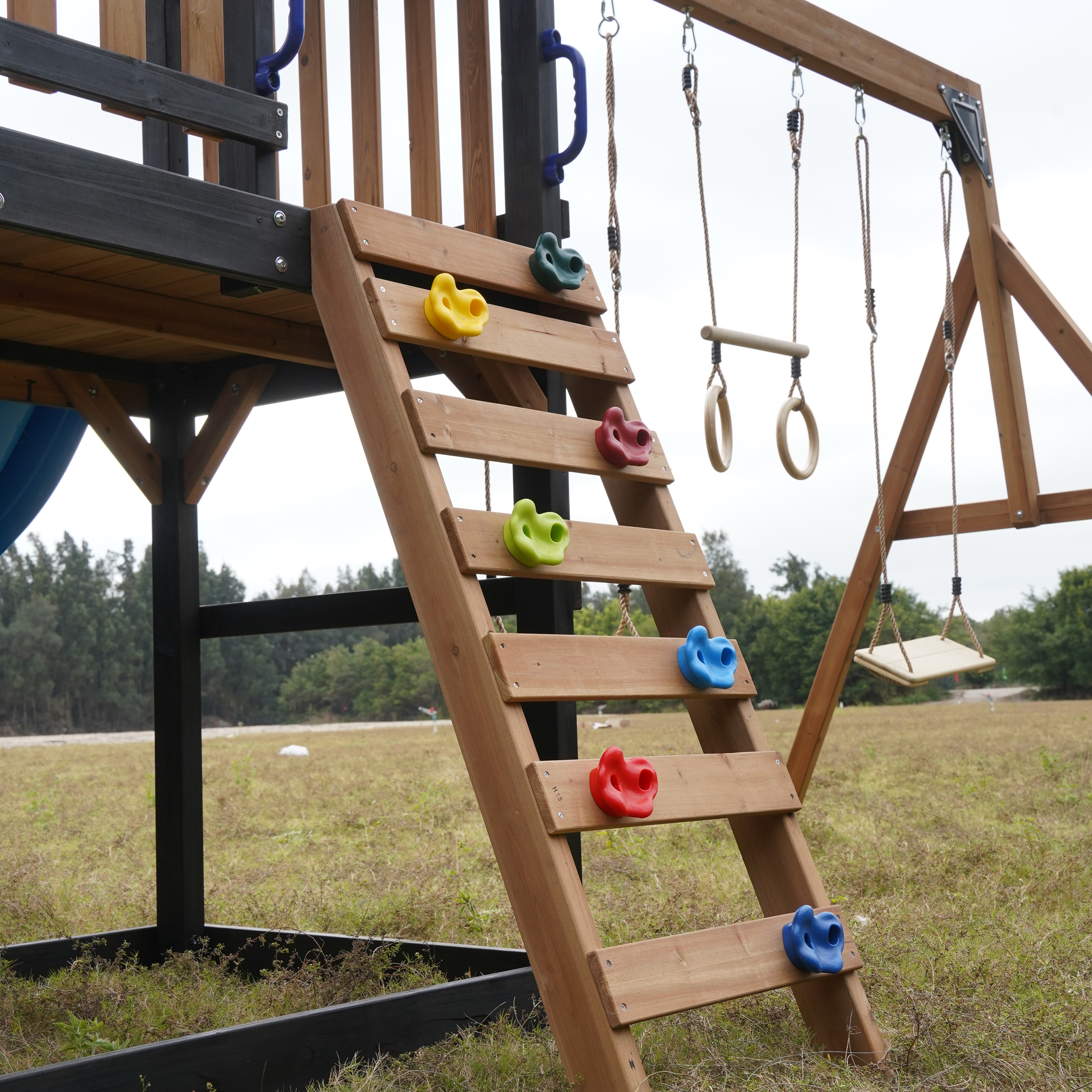 AXI Cody Climbing Frame with Swings, Trapeze and Climbing Wall – Pastel Blue Double Slide and Tube Slide