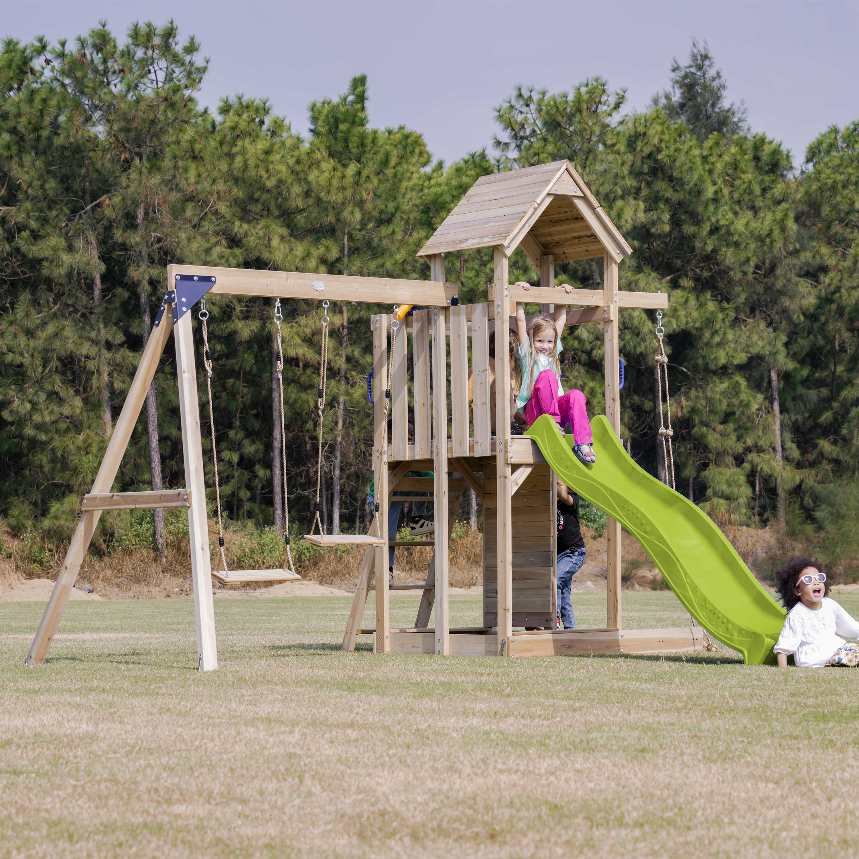 AXI Moos Climbing Frame with Double Swing Set - Lime Green Slide
