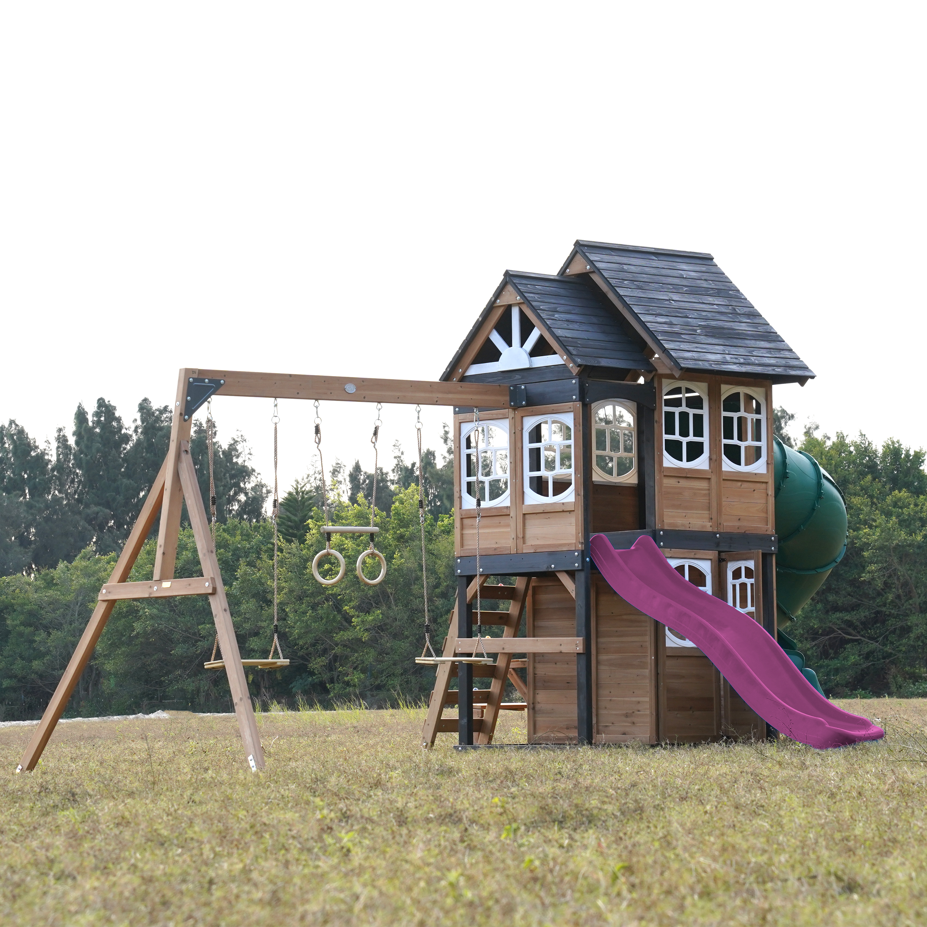 AXI Noud Climbing Frame with Playhouse, Swings, Trapeze and Climbing Wall – Purple Slide and Tube Slide