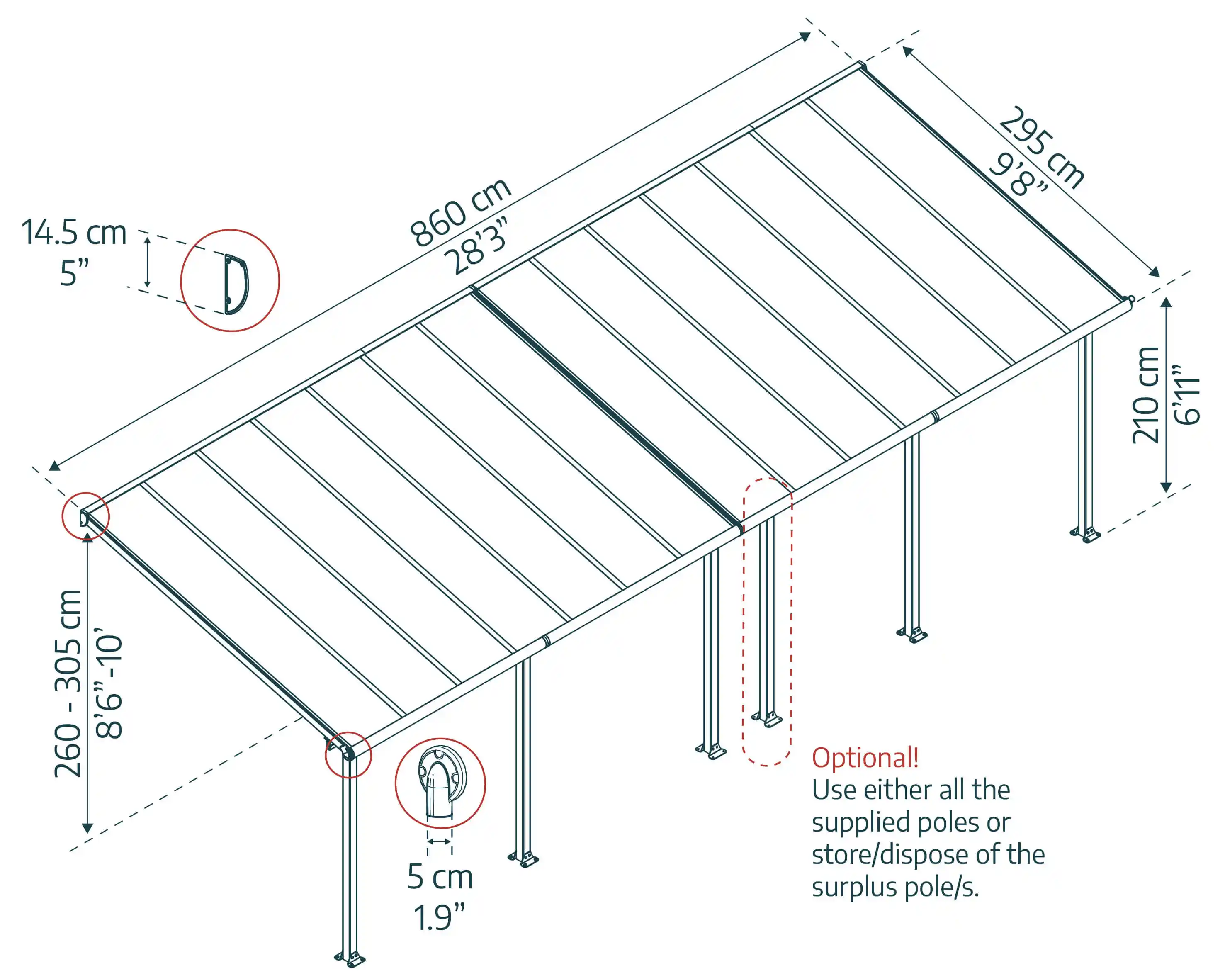 Canopia Olympia 860X294 cm Auvent terrasse Gris foncé transparent