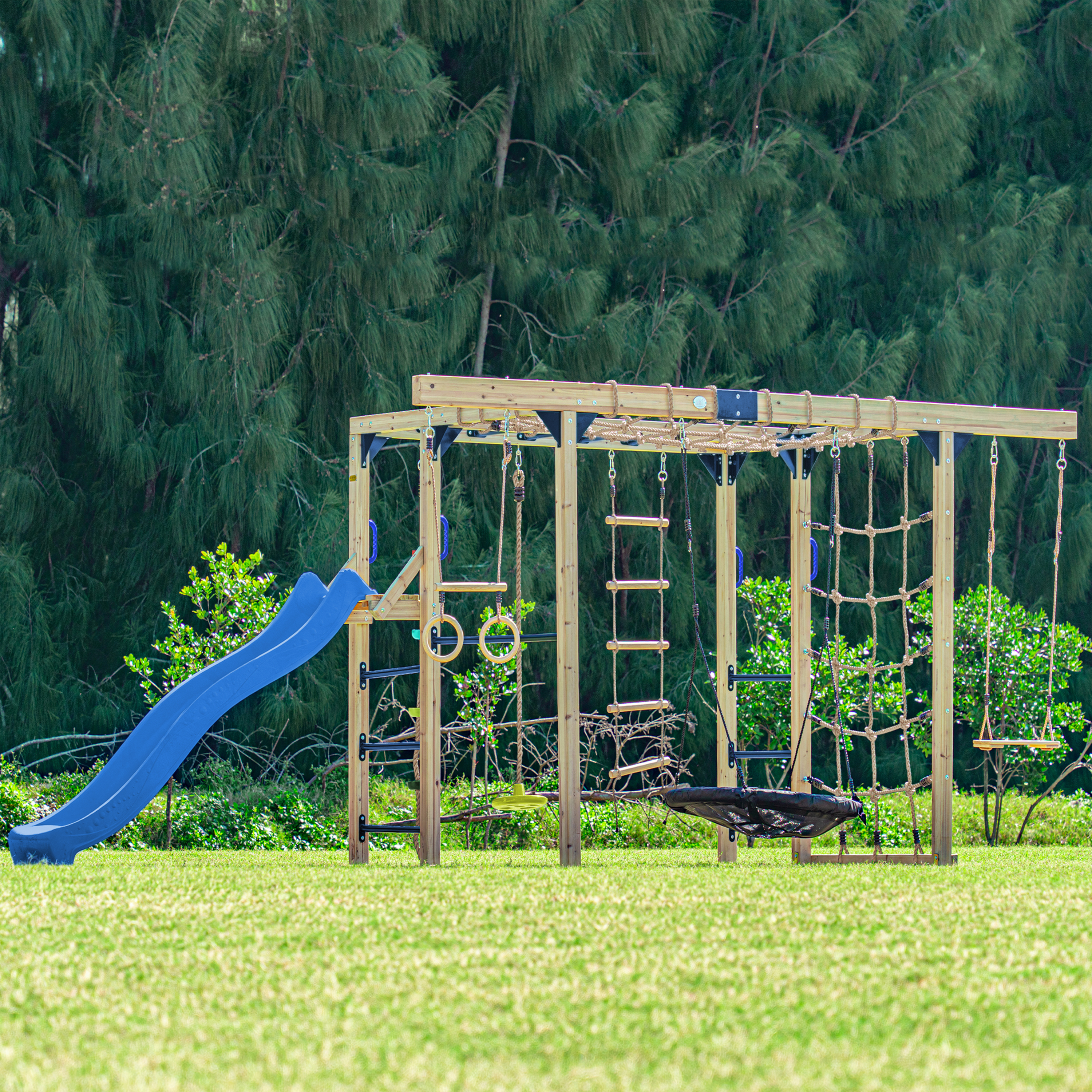 AXI Boris Wooden Playcentre with Swings, Trapeze, Climbing Nets and Monkey Bars – Blue Slide