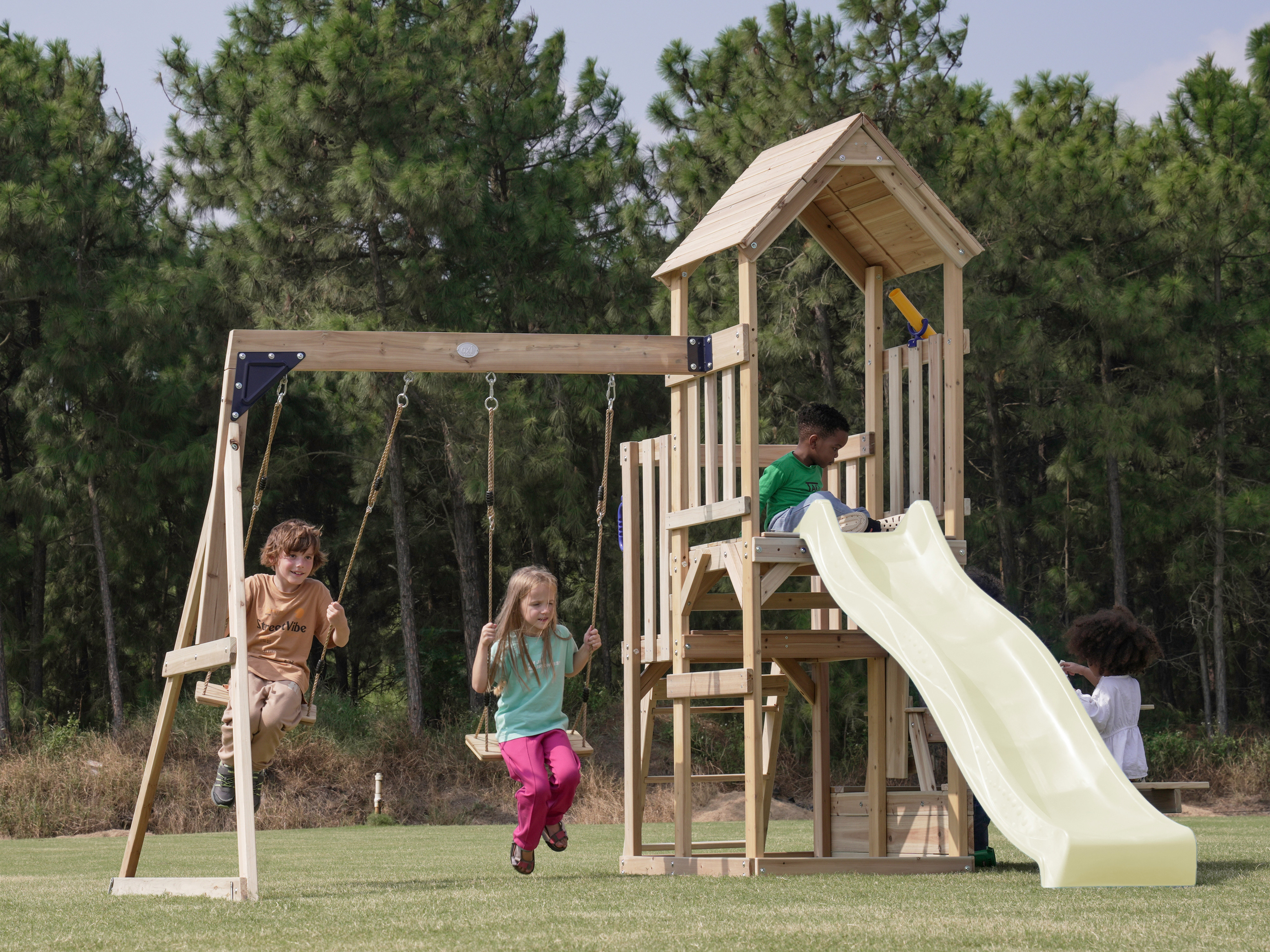 AXI Mette Climbing Frame with Double Swing Set and Picnic Table - Cream Slide