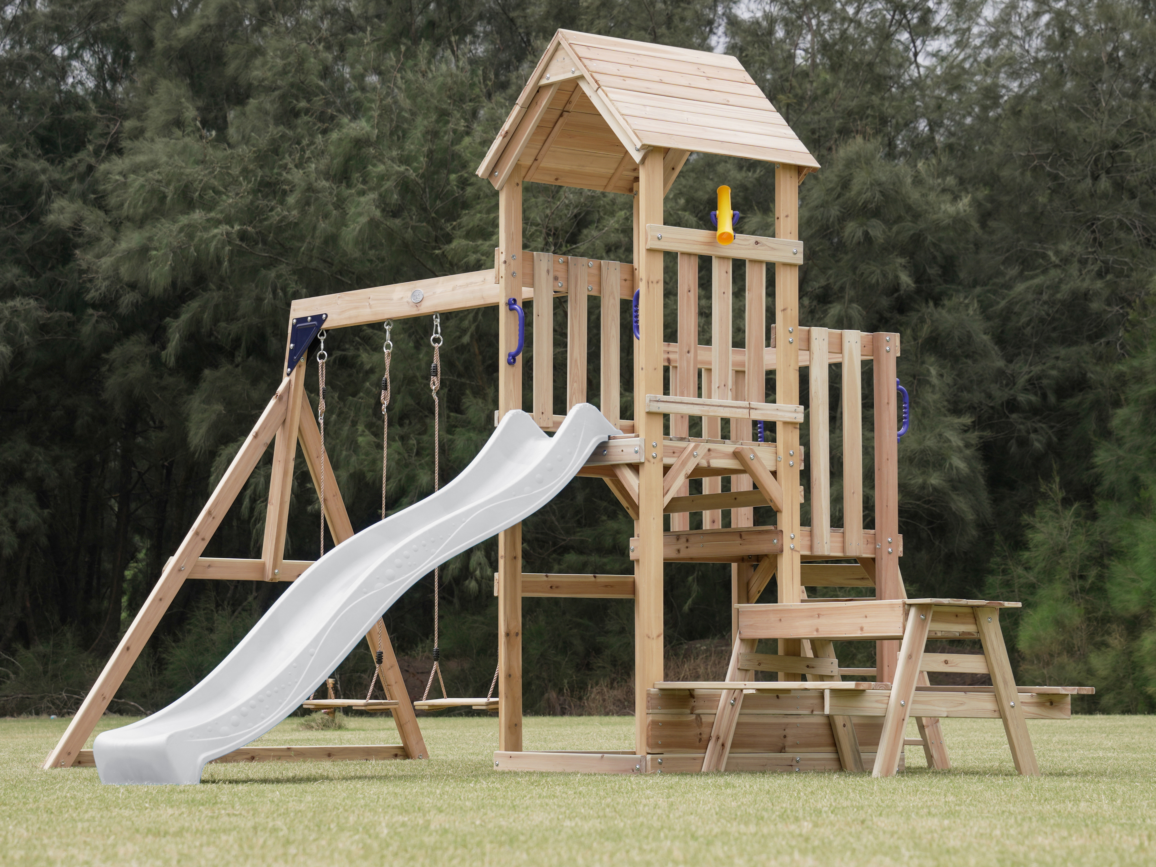 AXI Mette Aire de jeux avec balançoire double marron - blanc toboggan