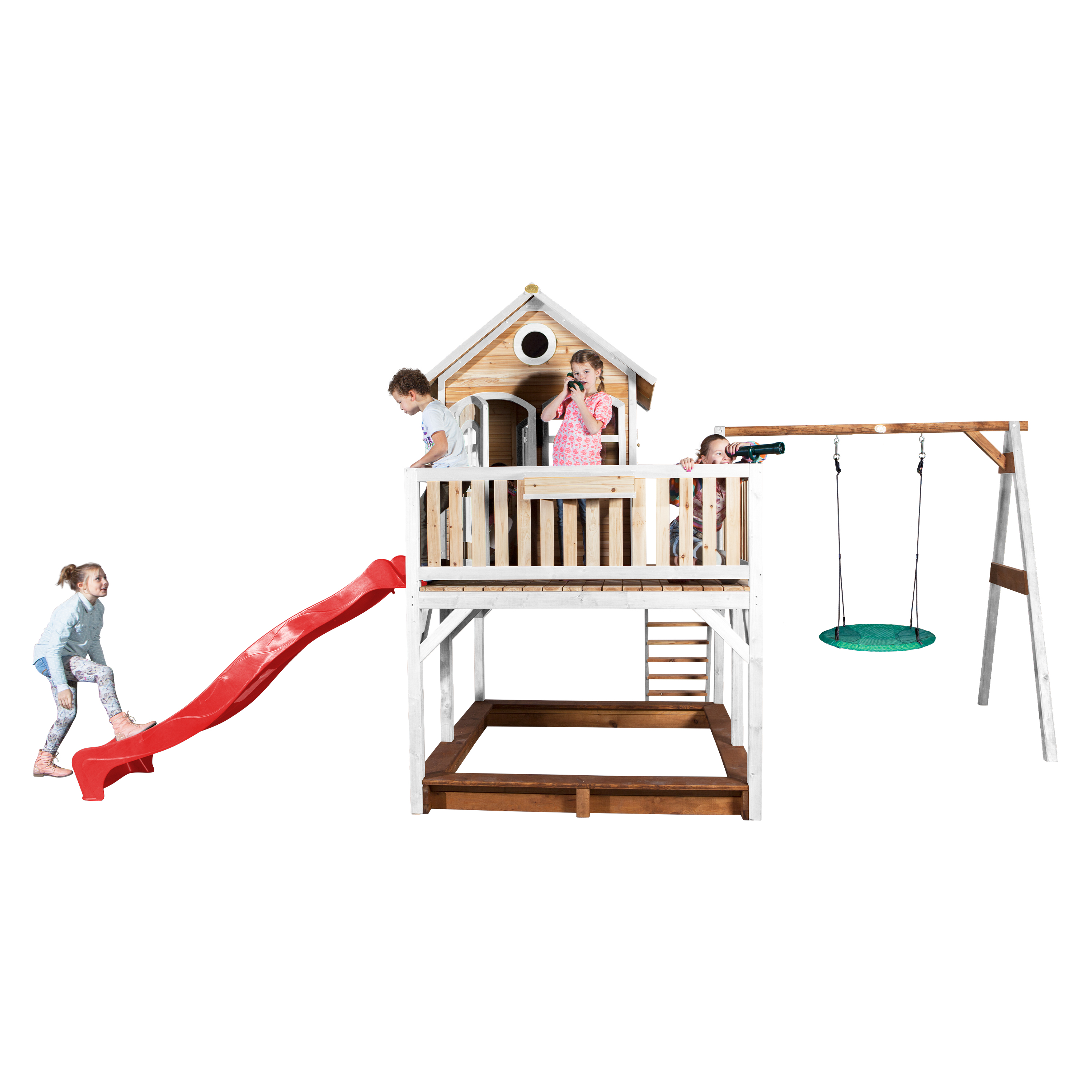 AXI Liam Playhouse with Summer Nest Swing Set Brown/White - Red Slide