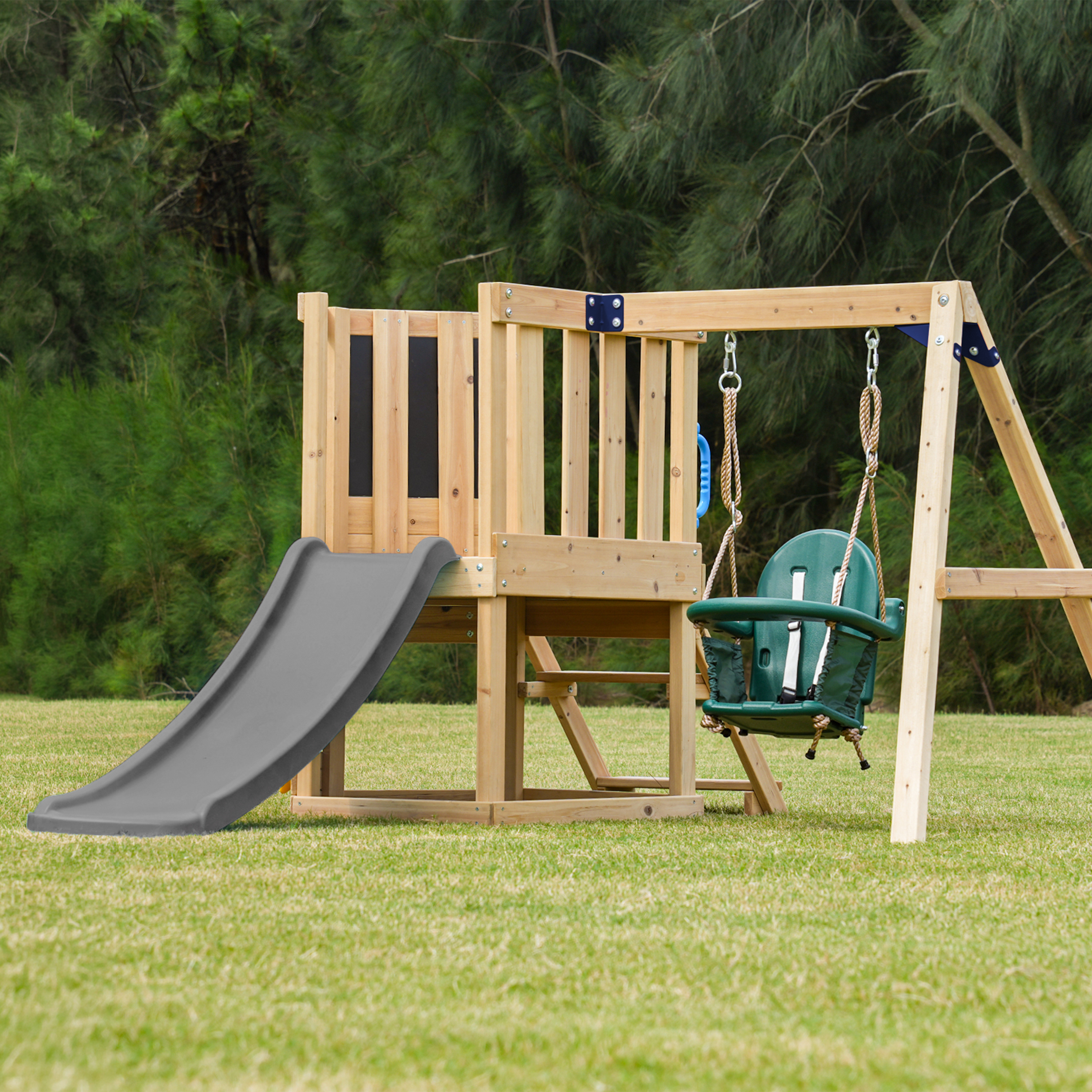 AXI Timo Mini Climbing Frame with Baby Swing. Climbing Wall and Chalkboard – Grey Slide