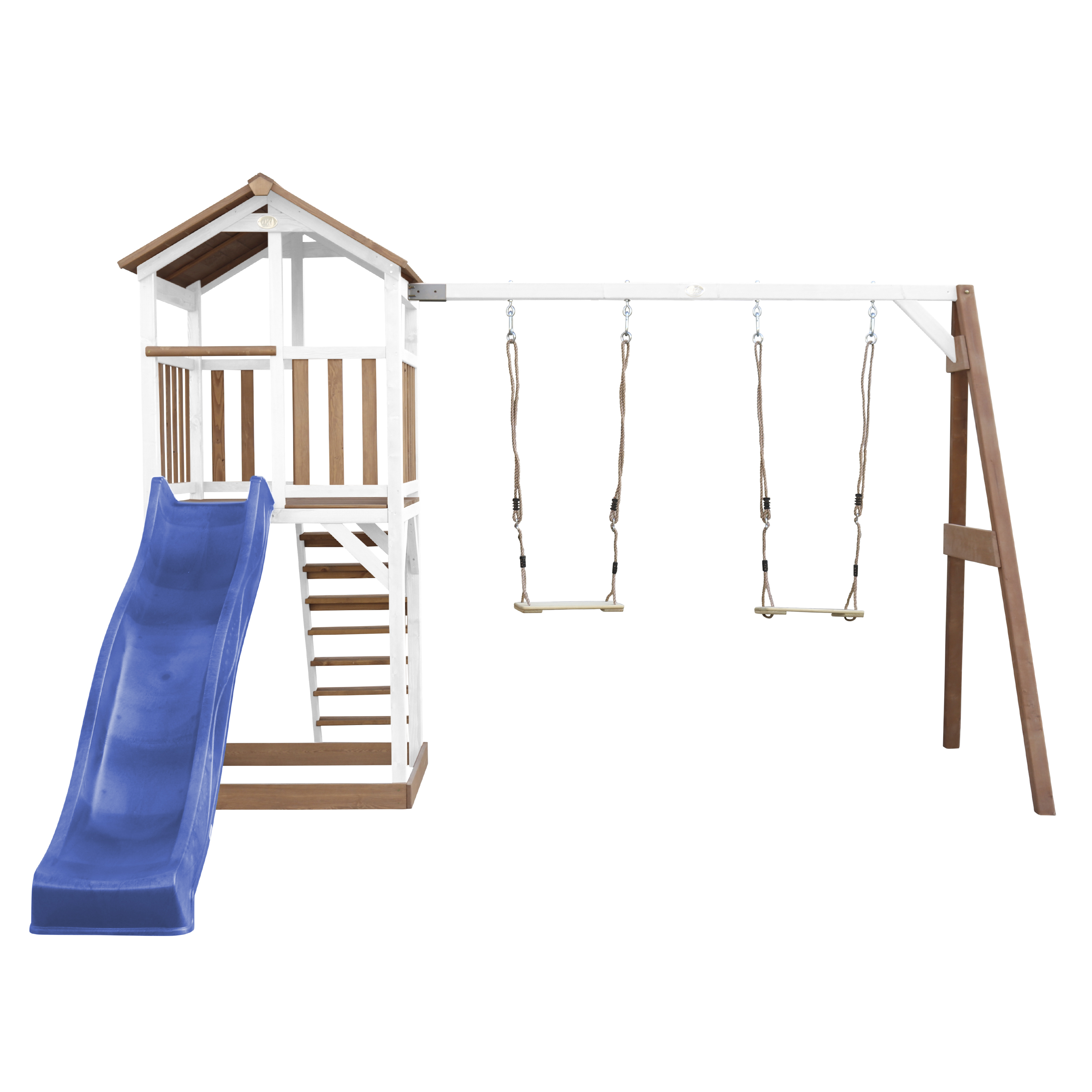 AXI Beach Tower with Double Swing Set Brown/White - Blue Slide-8717973939207 AXI Beach Tower with Double Swing Set Brown/White - Blue Slide