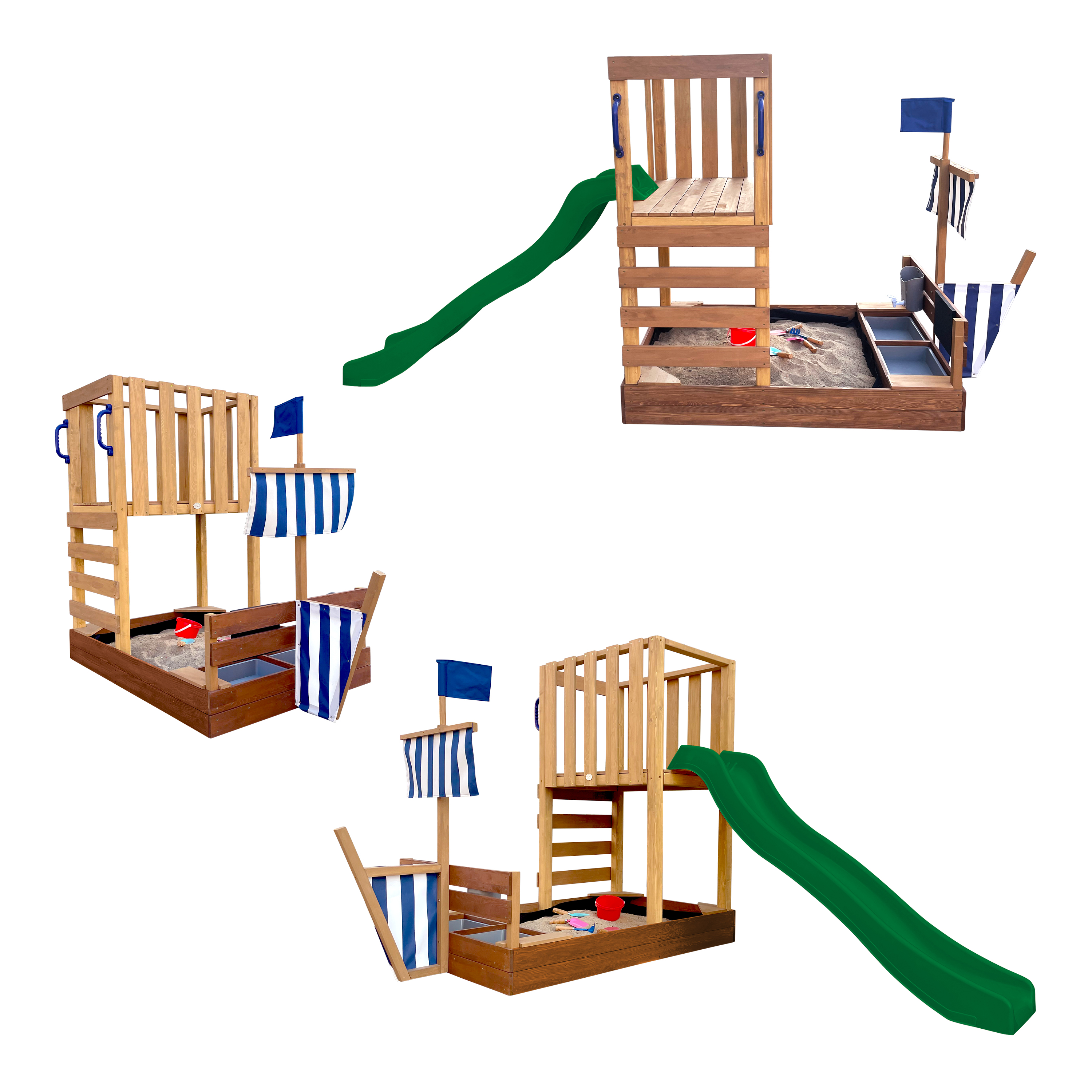 AXI Vicky Climbing Frame with Sandbox. Play Kitchen & Chalkboard – Green Slide