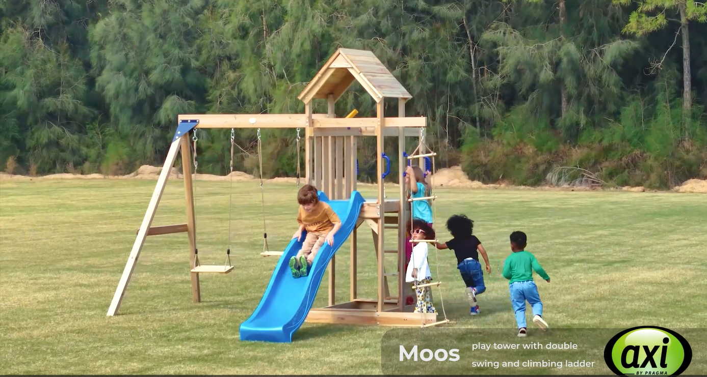 AXI Moos Aire de jeux avec balançoire double et échelle en corde marron - toboggan vert