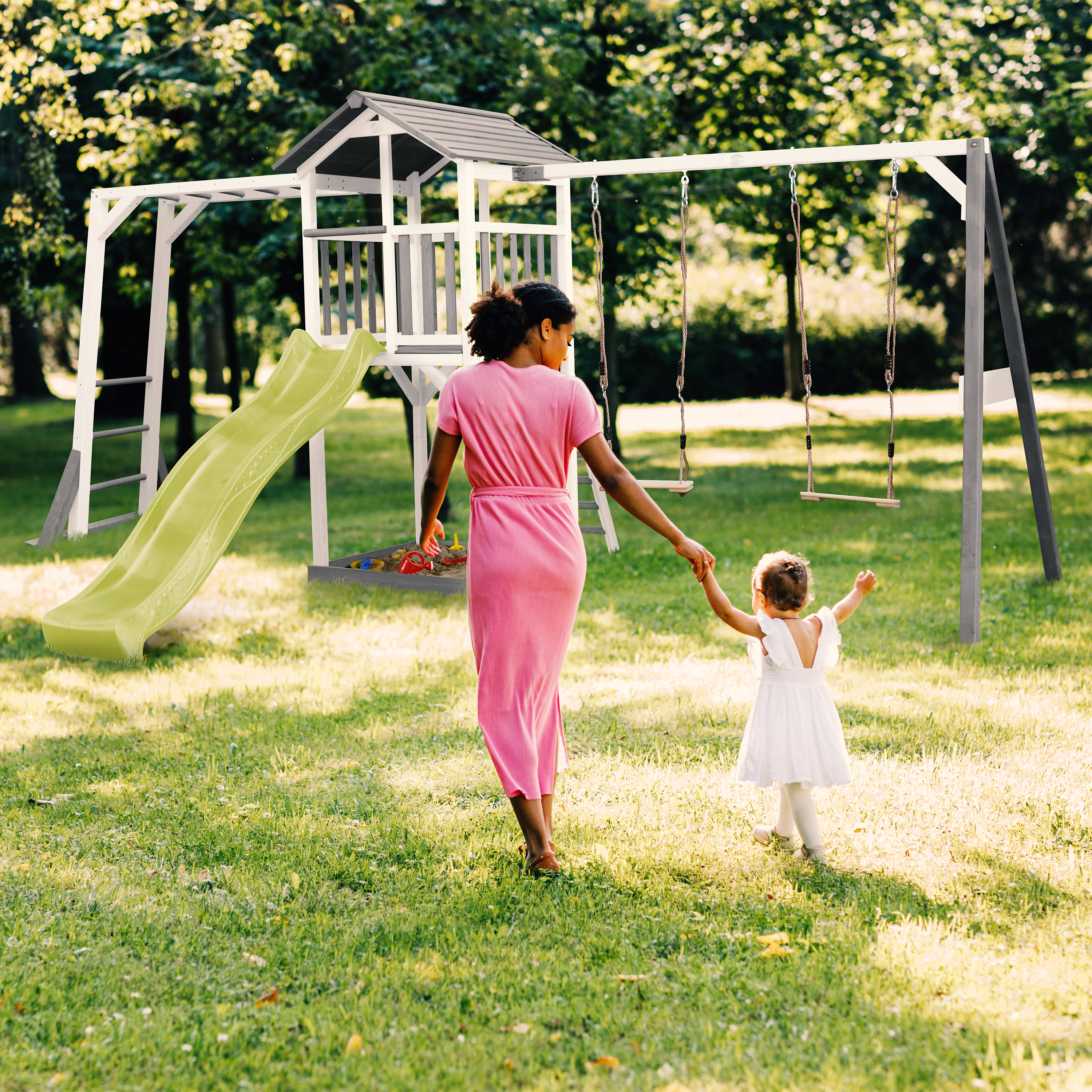 AXI Beach Tower with Climbing Frame and Double Swing Set Grey/White - Lime Green Slide