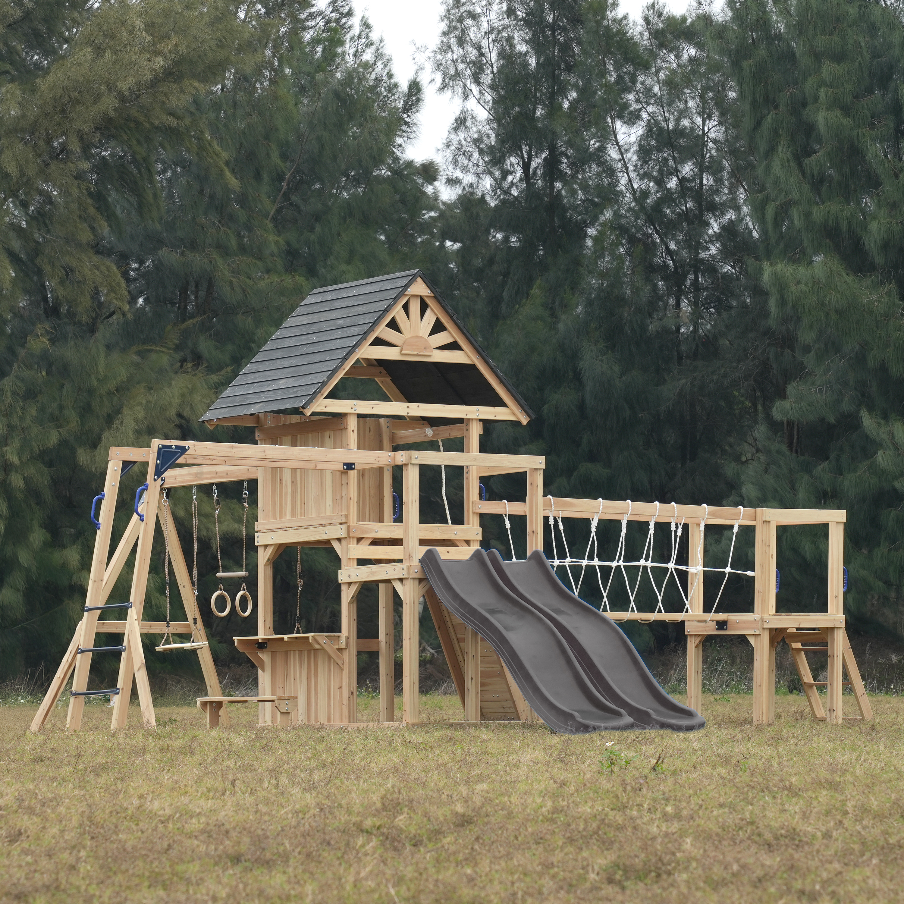 AXI Hunter Climbing Frame with Swings, Climbing Frame, Climbing Bridge and Multiple Platforms – Grey Double Slide