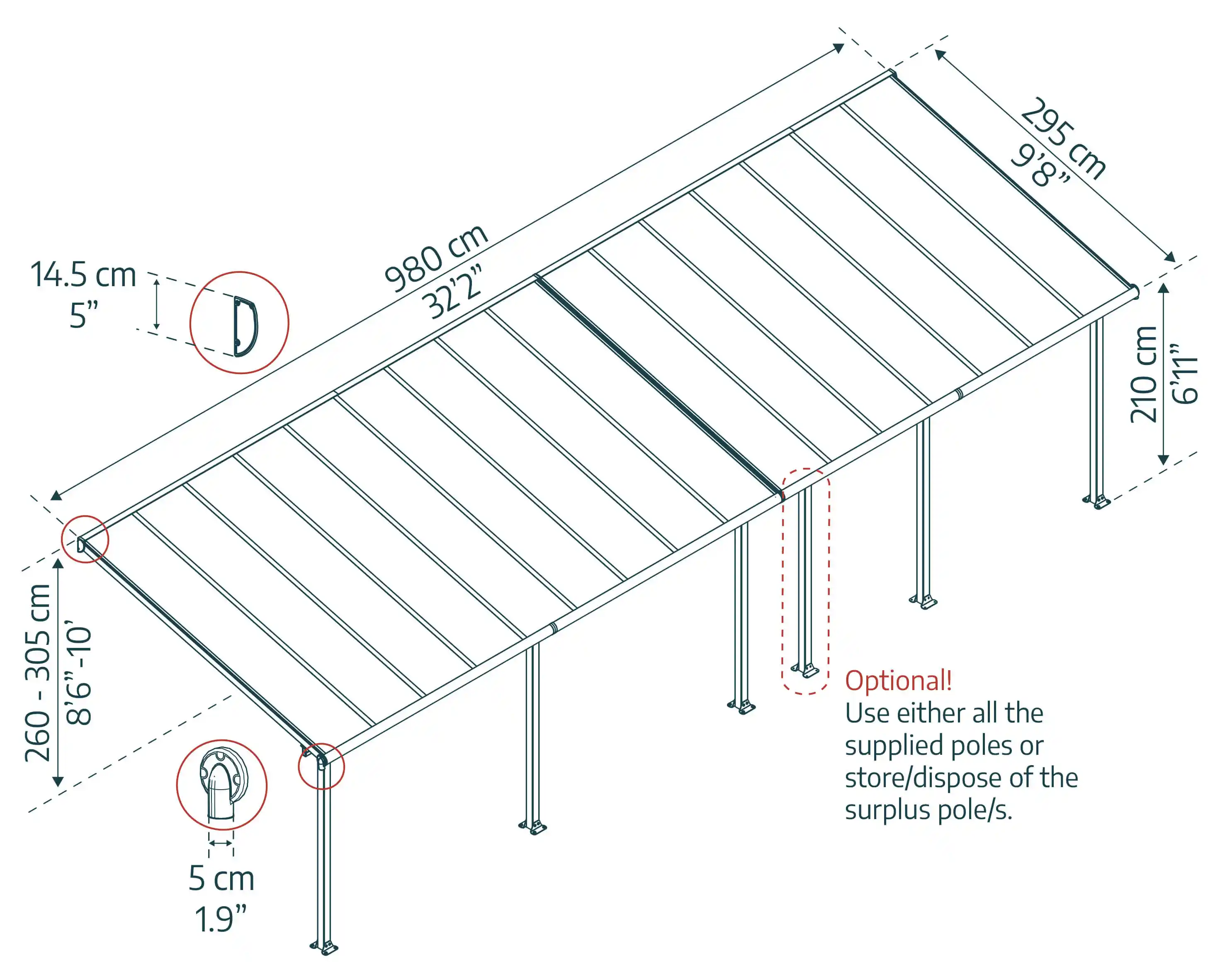 Canopia Olympia 980X294 cm Auvent terrasse Gris foncé transparent