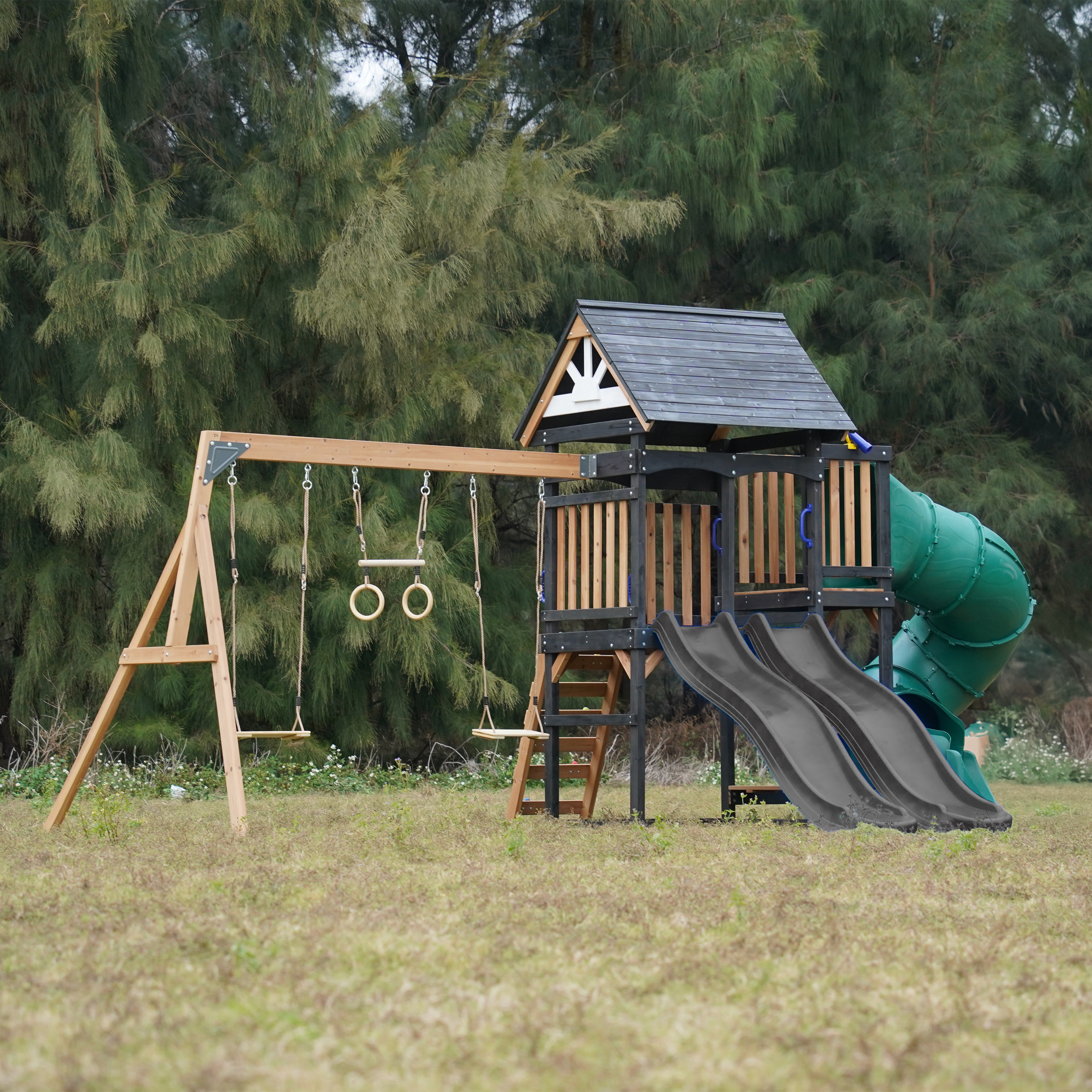 AXI Cody Climbing Frame with Swings. Trapeze and Climbing Wall – Grey Double Slide and Tube Slide