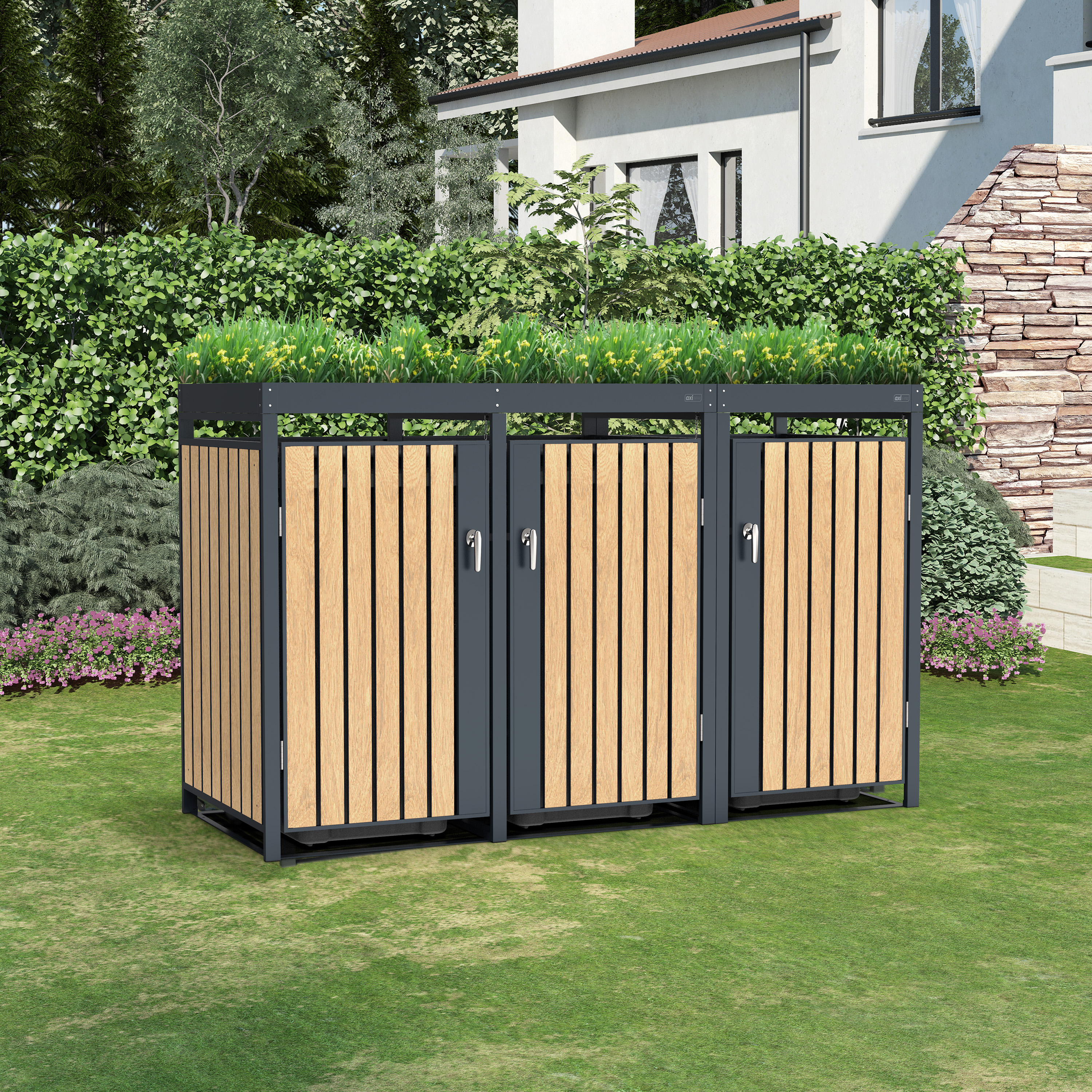 AXI Leon Metal Garbage Bin Shed with Planter - 3 Garbage Bins
